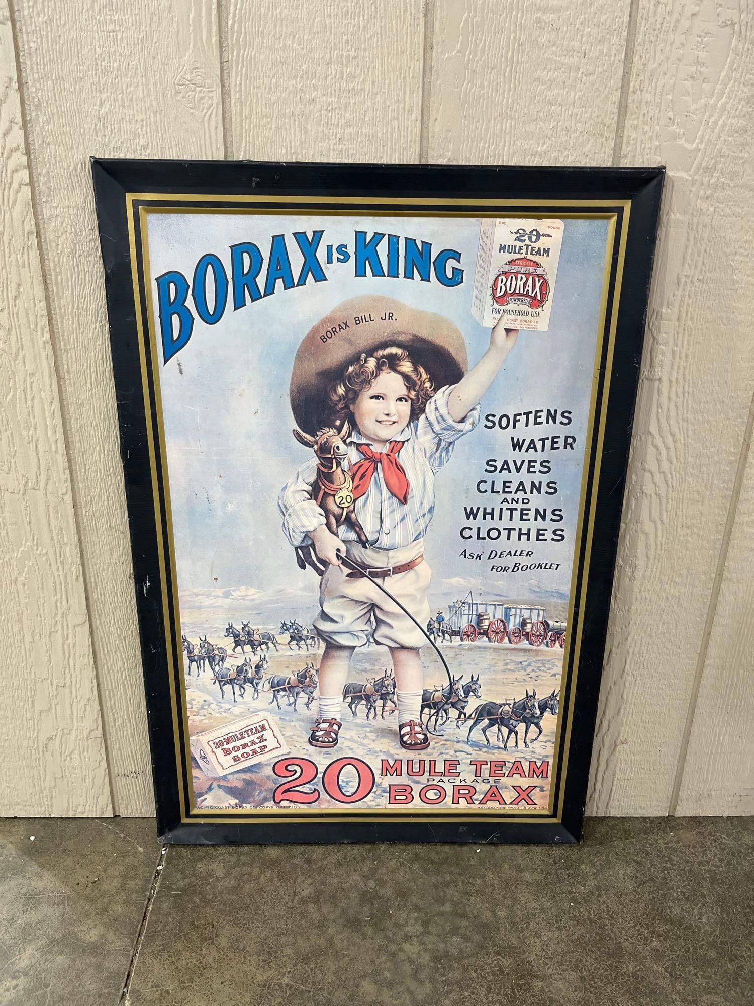SST Self Framed Borax is King Soap Repro Sign: This great reprint of original advertising shows minor areas of condition issues measuring 35 x 23.5