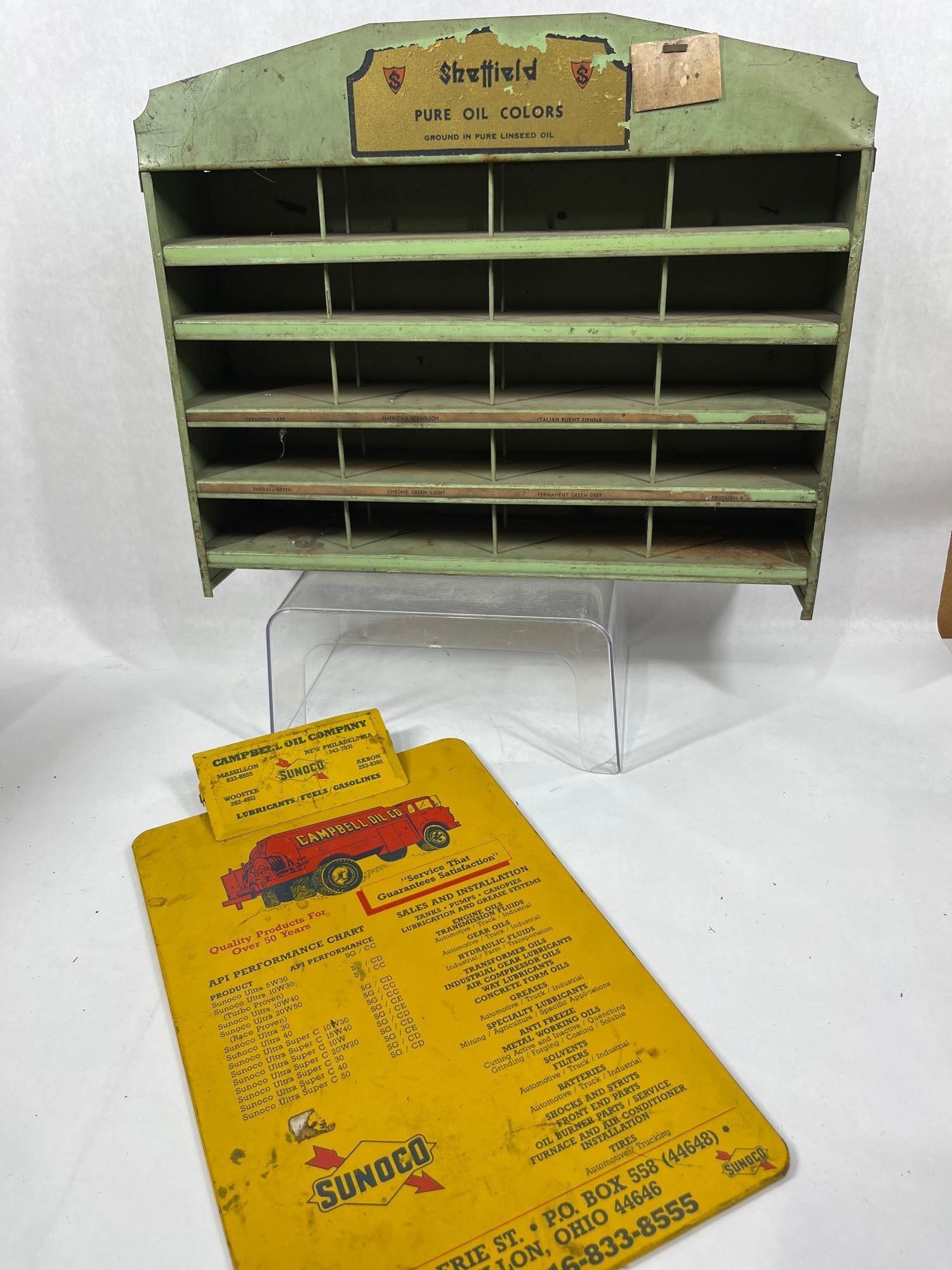 Sheffield Pure Oil Color Comparted Tin Display & Sunoco Campbell Oil Service Clip Board (1 of 8)