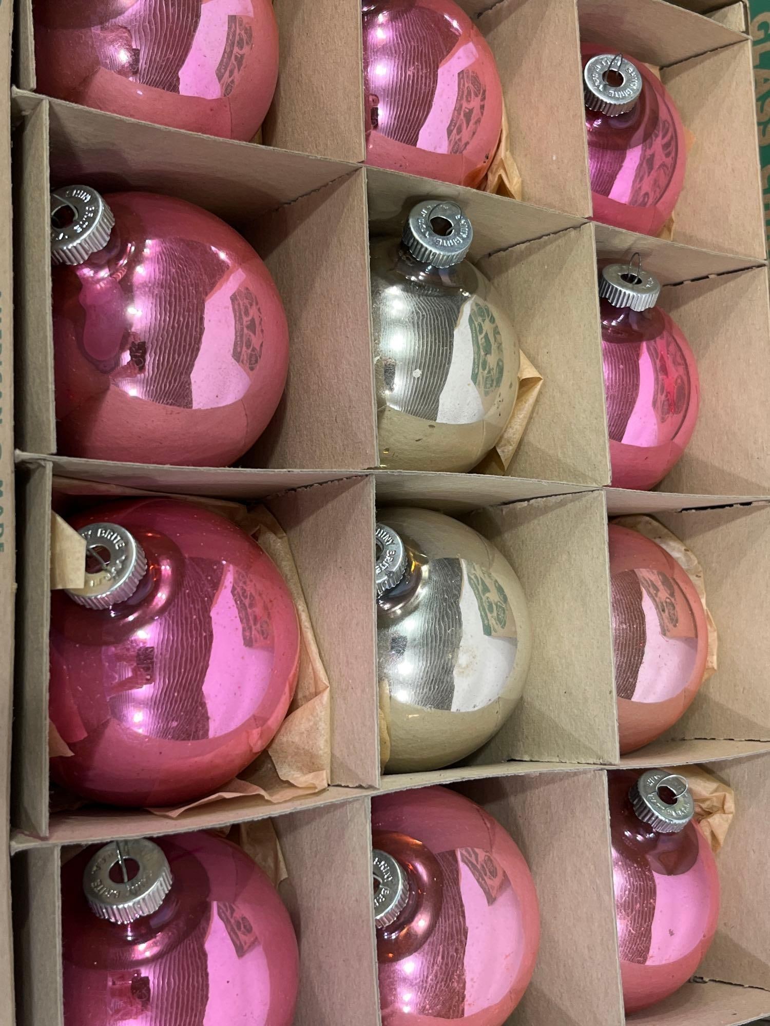 Vintage Shiny Brite Pink and Silver Glass Ornaments in Original Packaging: This great early lot of ornaments are free of cracks, chips and breaks