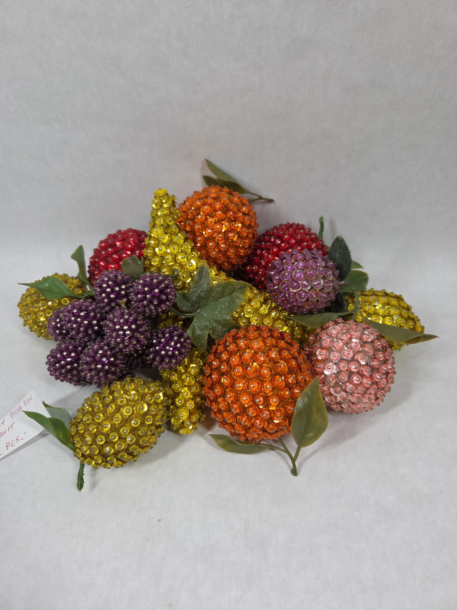 Mid Century Push Pin Beaded Fruit Inc. Apples, Grapes, Bananas, Lemons and More: This great hand beaded push pin fruit lot including 12 assorted fruits are all in great vintage condition