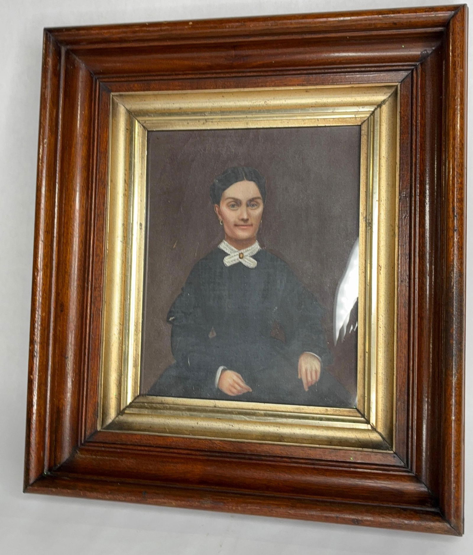 19th C. Massillon Ohio Estate Portrait Oil on Canvas O/C in Deep Well Wood Frame: Great hand painted portrait with frame showing minor areas of condition issues measuring 14 x 16
