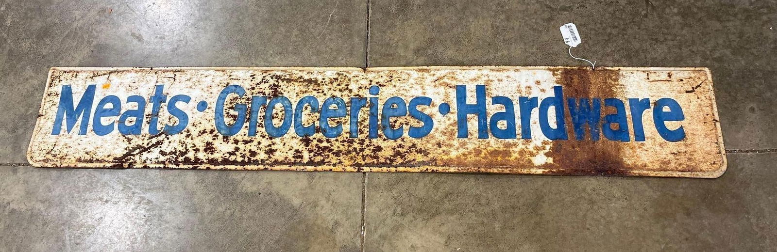 SST Meats-Groceries-Hardware Store Sign: Showing finish loss, rusting and roaching due to age and weather?12 x 70