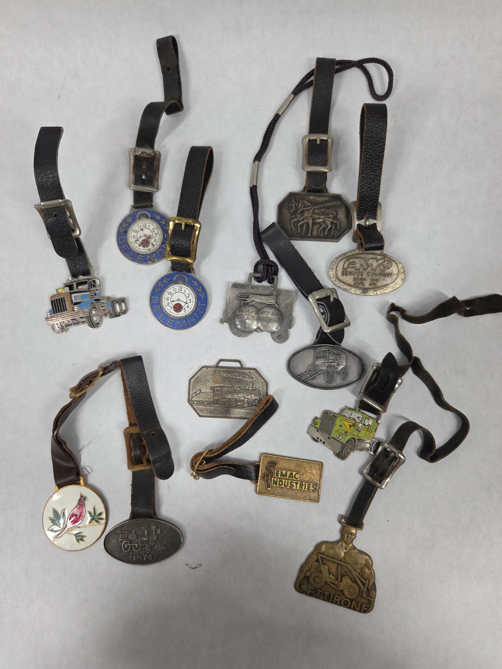 Vintage Advertising Watch Fob Lot Inc. Delemont, RR, Trucking Co. Hiland Buggy Shop (1 of 18)