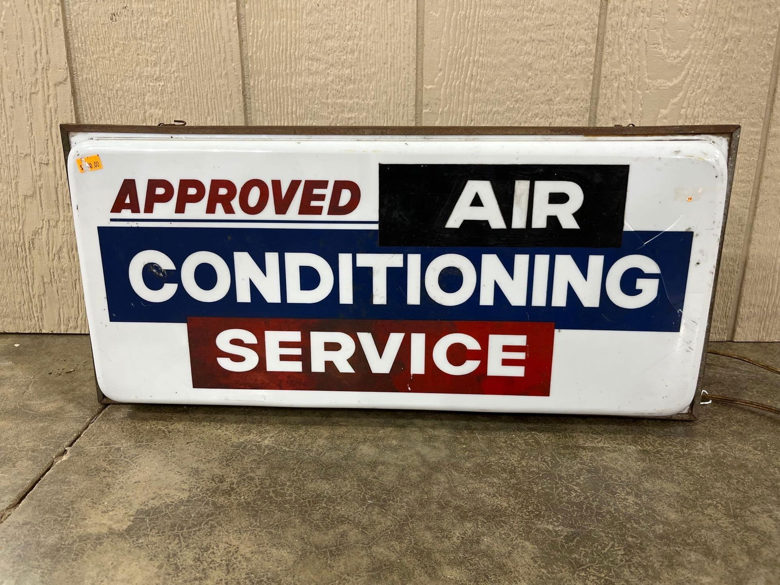 Air Conditioning Service Dealer Hanging Illuminated Sign: Good overall condition to hanging lighted sign with cord needing rewired w/ a plug or wired direct so sign is untested 12 x 24