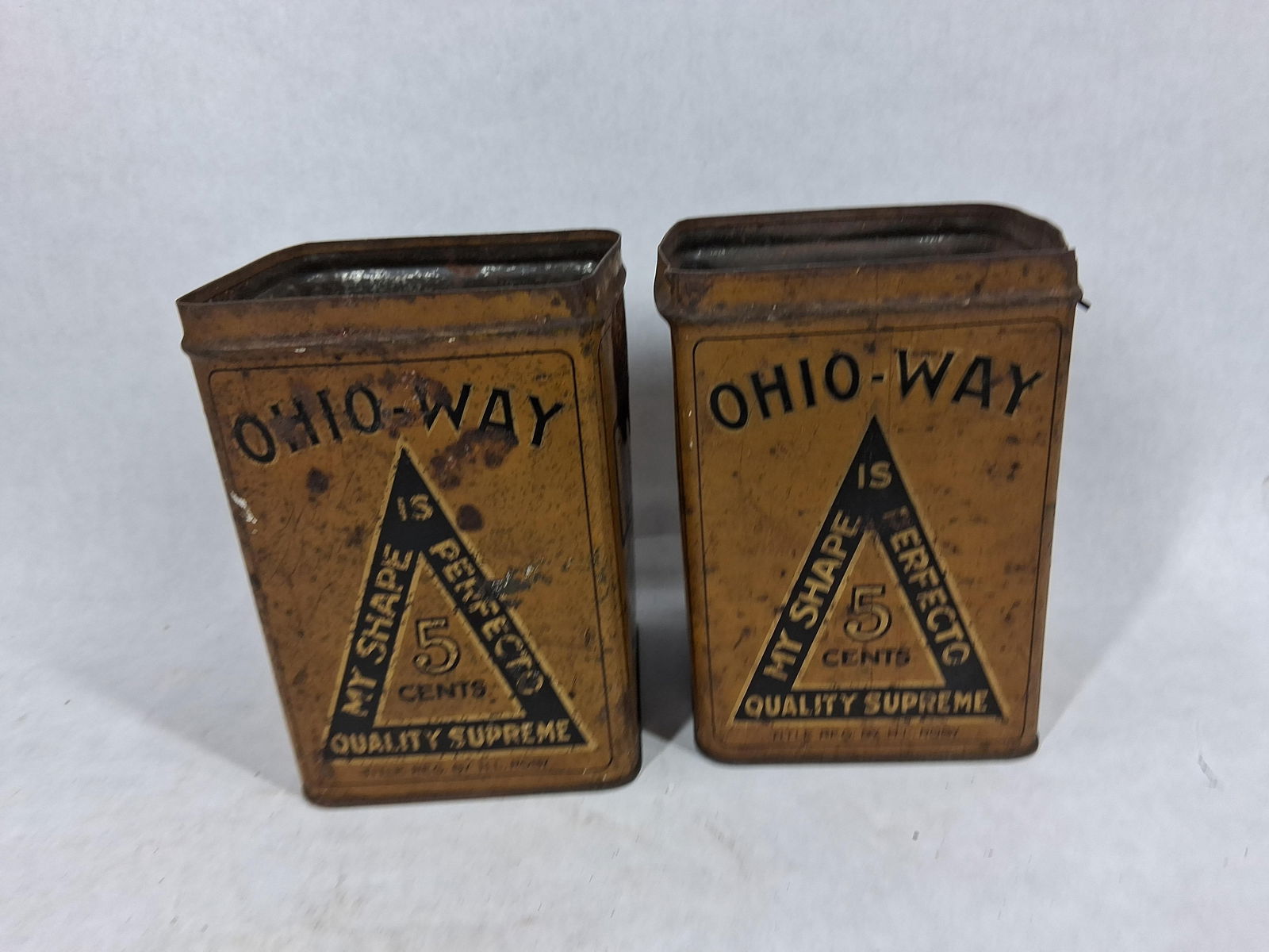 Ohio Way Tobacco Tins: Both show wear and do not have lids. 5x3.5x3.5. Great mustard yellow color
