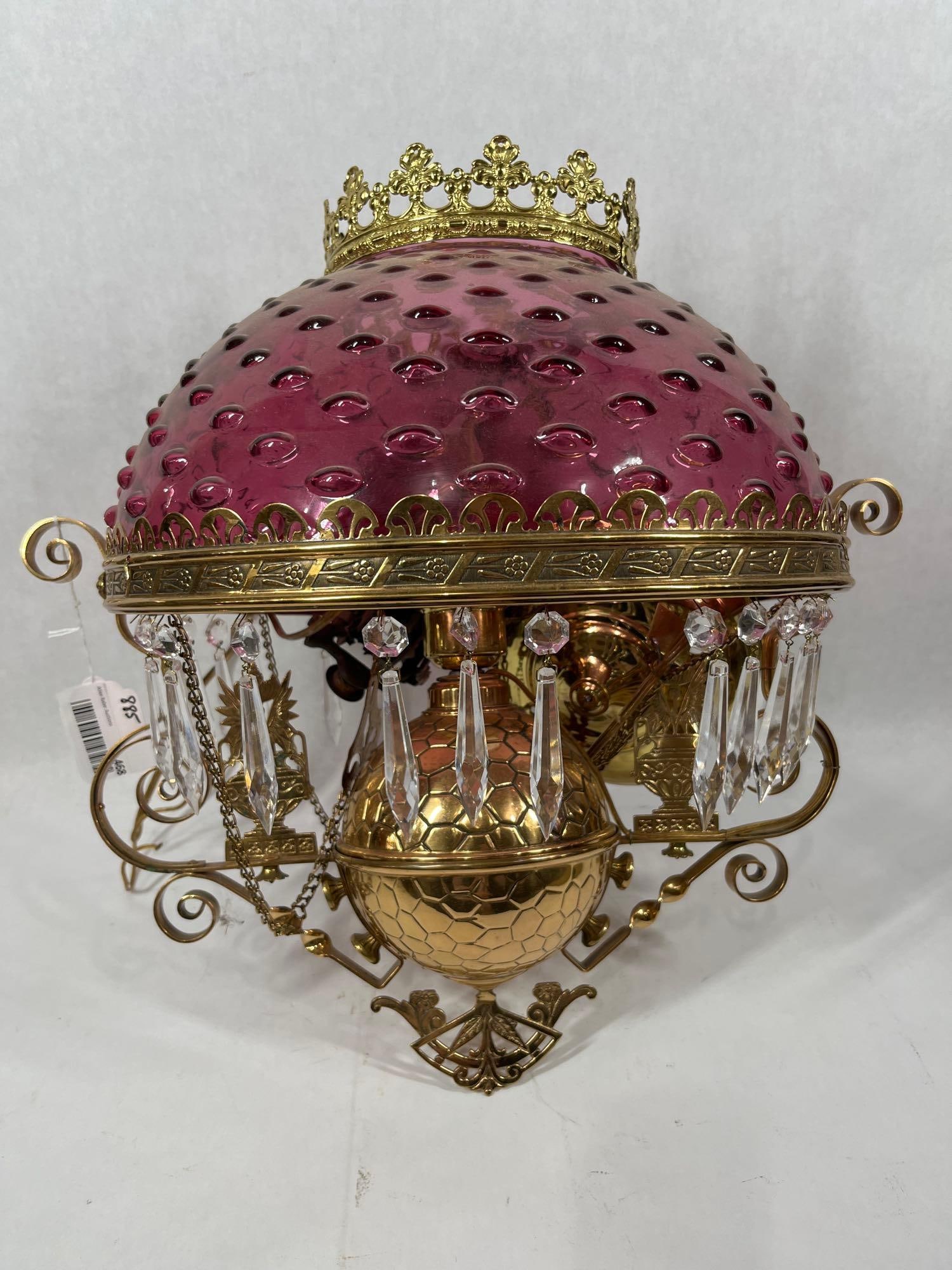 Victorian Era Cranberry Hobnail Glass Shade Brass Hanging Chandelier w/ Crystal Prisms (1 of 4)