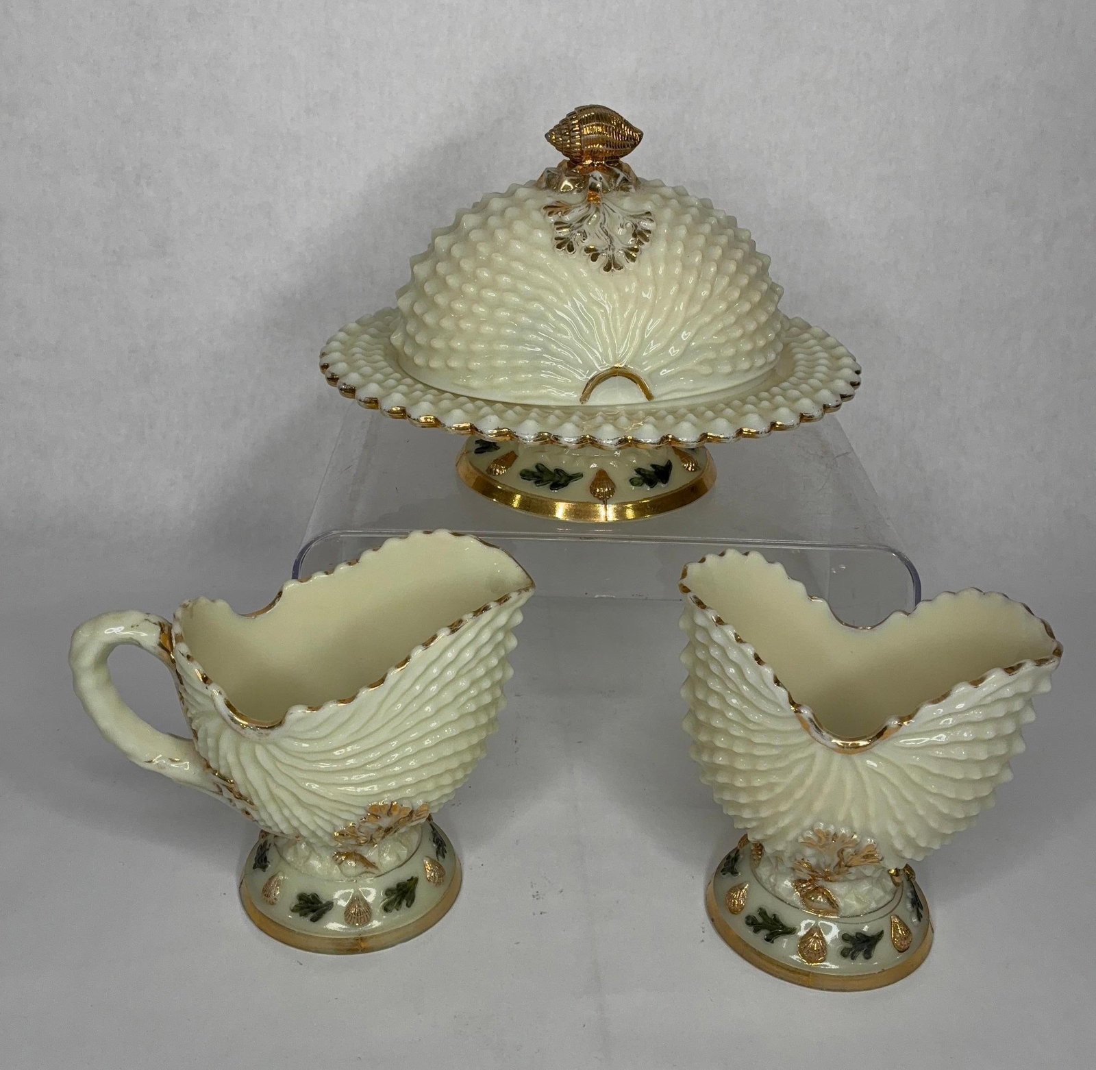 Circa 1900 Northwood Argonaut Nautilus Shell Custard Glass Creamer, Sugar and Covered Dish w/Uranium (1 of 9)