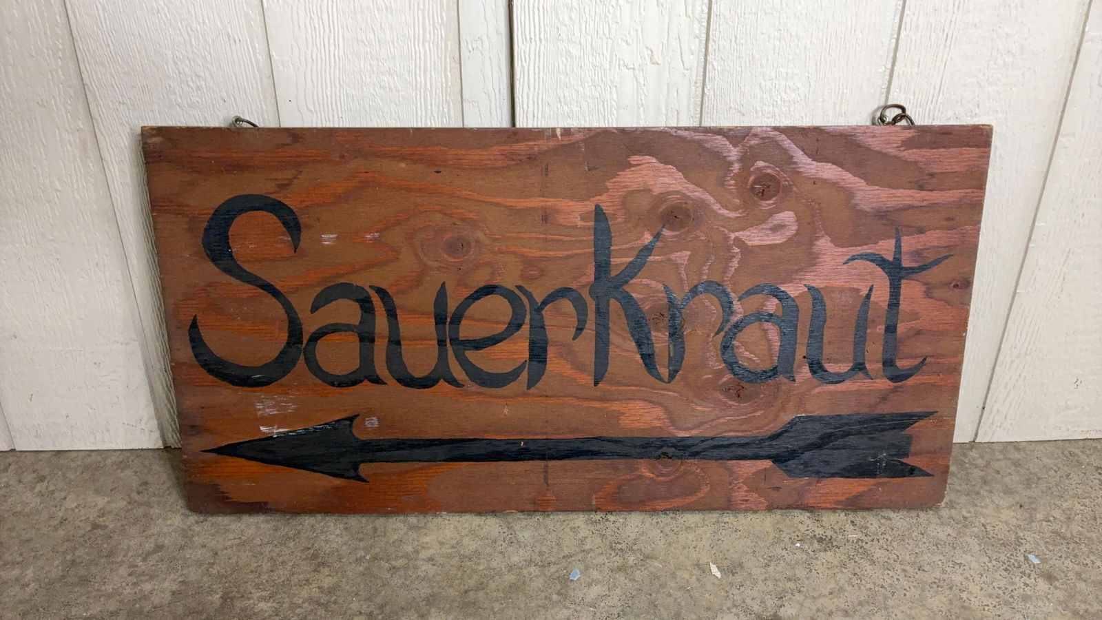 Hand Crafted and Painted DS Wood Sauerkraut w/ Directional Arrow Hanging Sign: Great folk art sign measuring 18 x 36