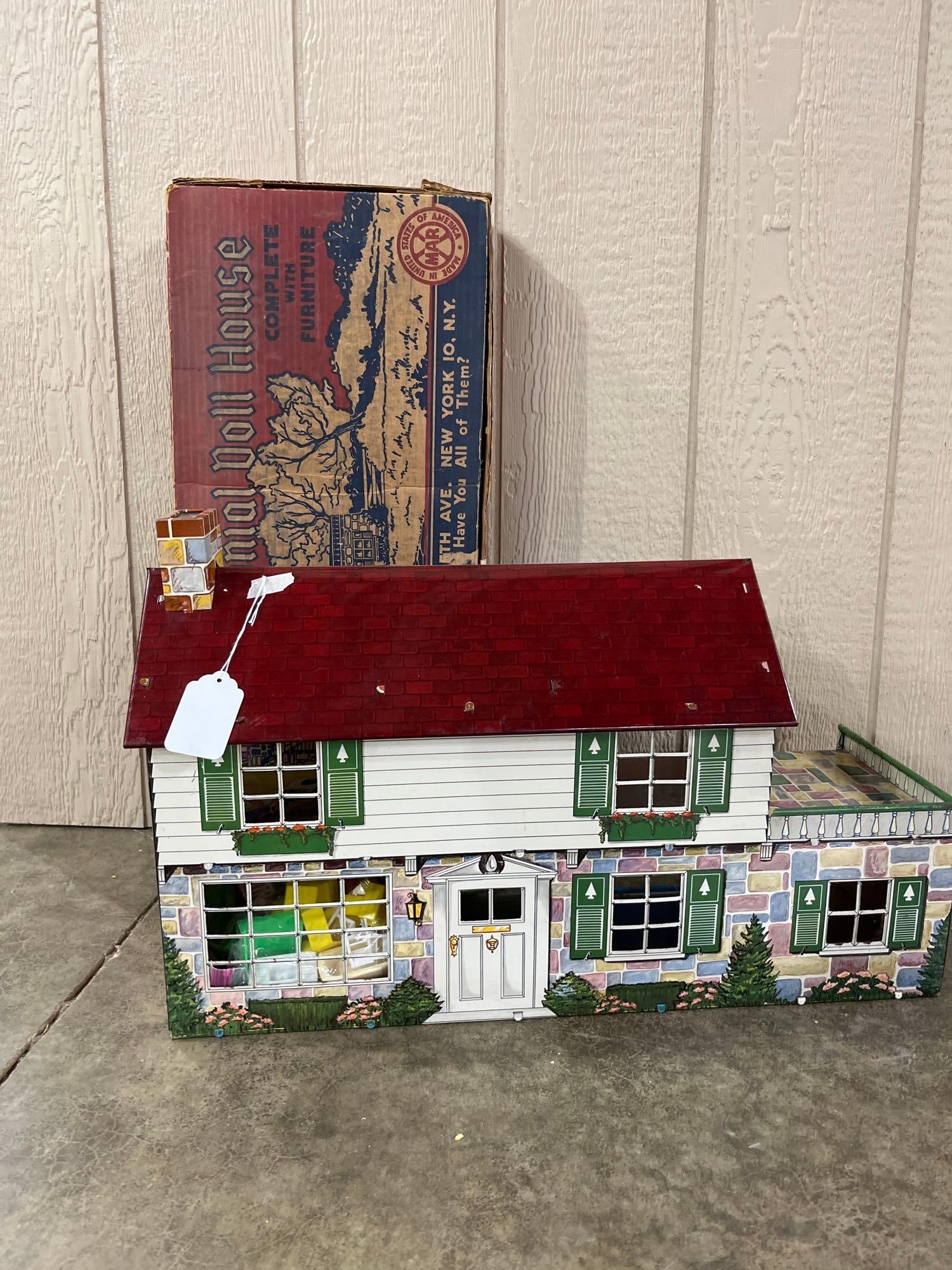 Marx Tin Litho 1950's Two Story Suburban Colonial Doll House w/ Furniture and Original Packaging (1 of 8)