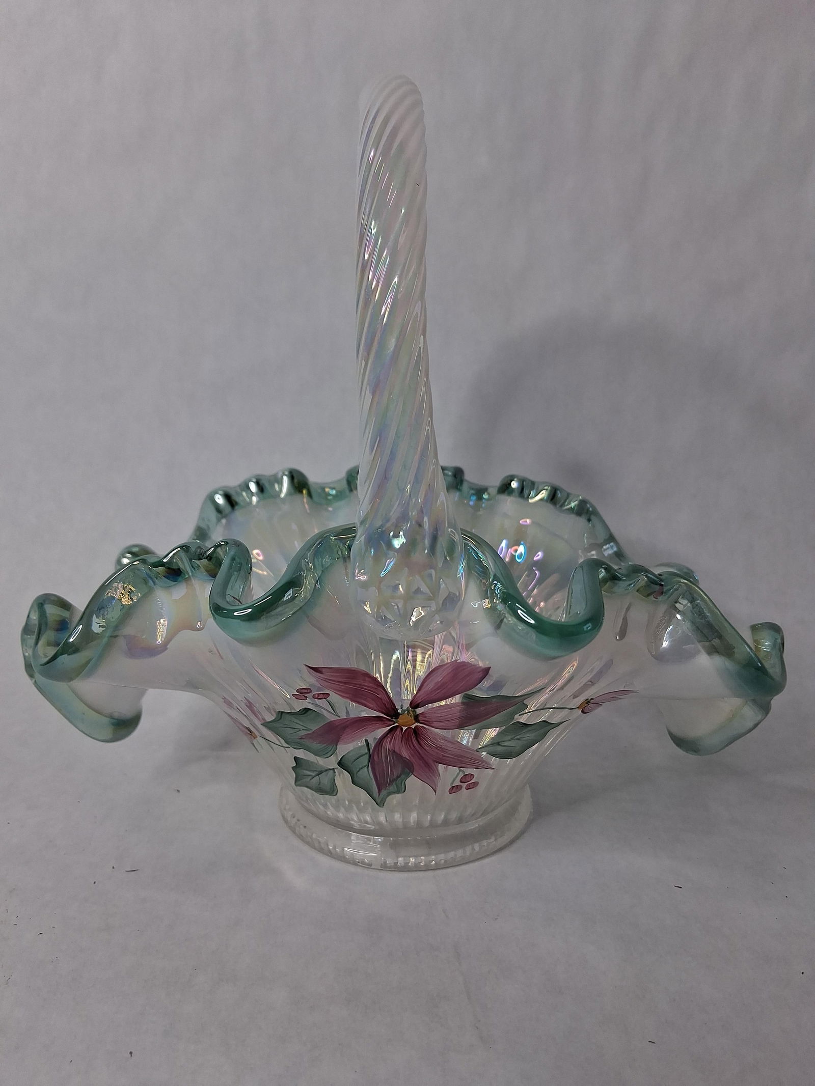 Fenton hand painted opalescent iridescent glass basket w/green crest res poinsettias (1 of 6)