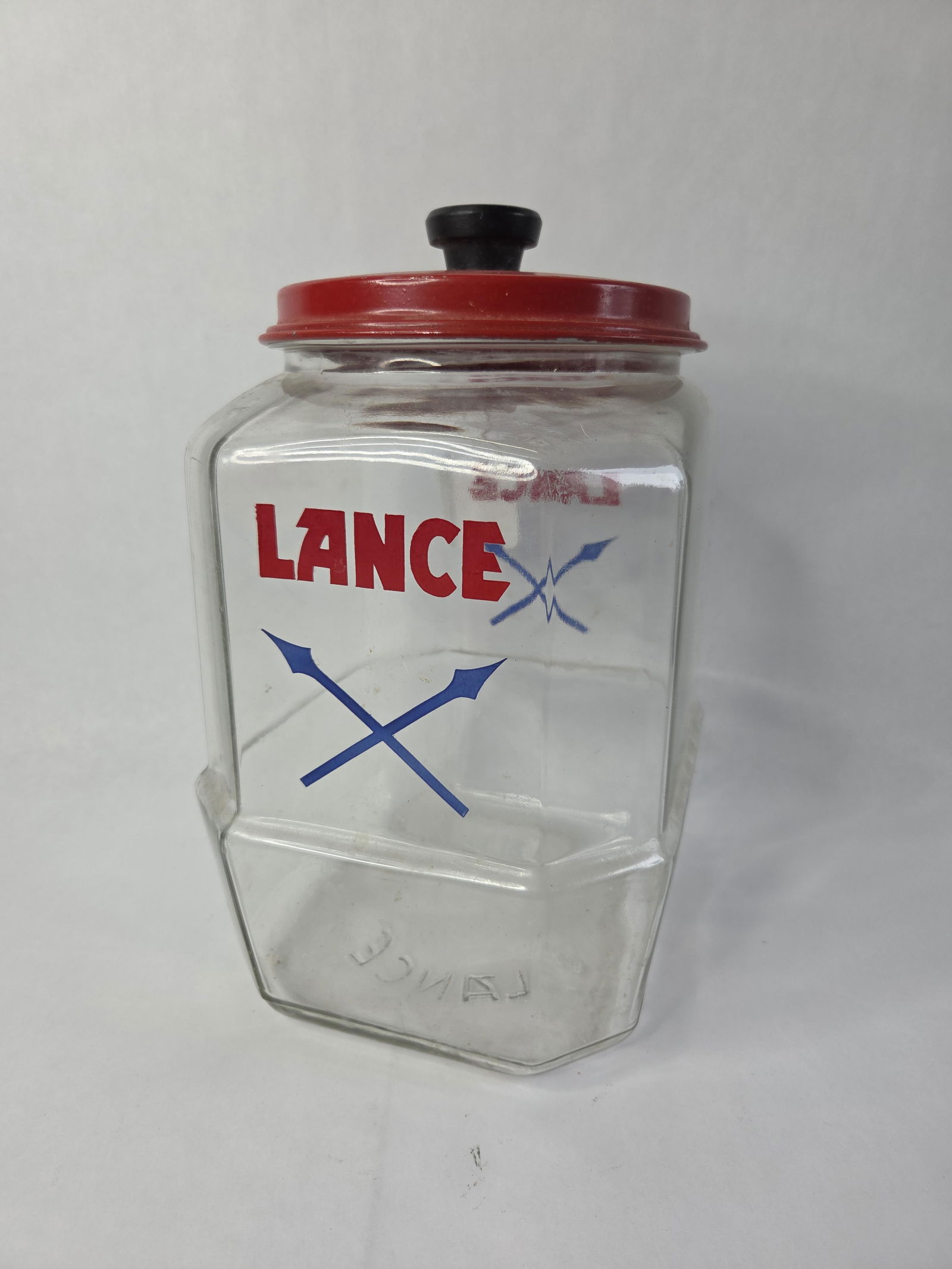 1930's Lance country store display glass jar with red metal lid: 8 sided jar with great graphics 8x9x12