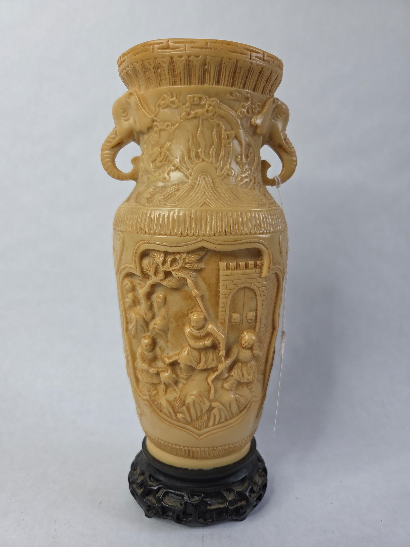 Chinese Carved Composite Resin Vase: Norleans,Hand made in Italy. In excellent condition, 12 in