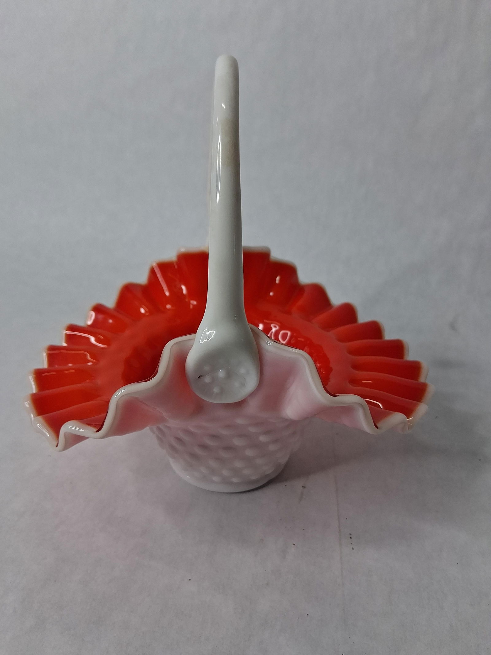 Vtg Kanawha red cased hobnail milk glass brides basket: 7.5 in wide and 8 in tall vibrant red cased in excellent condition