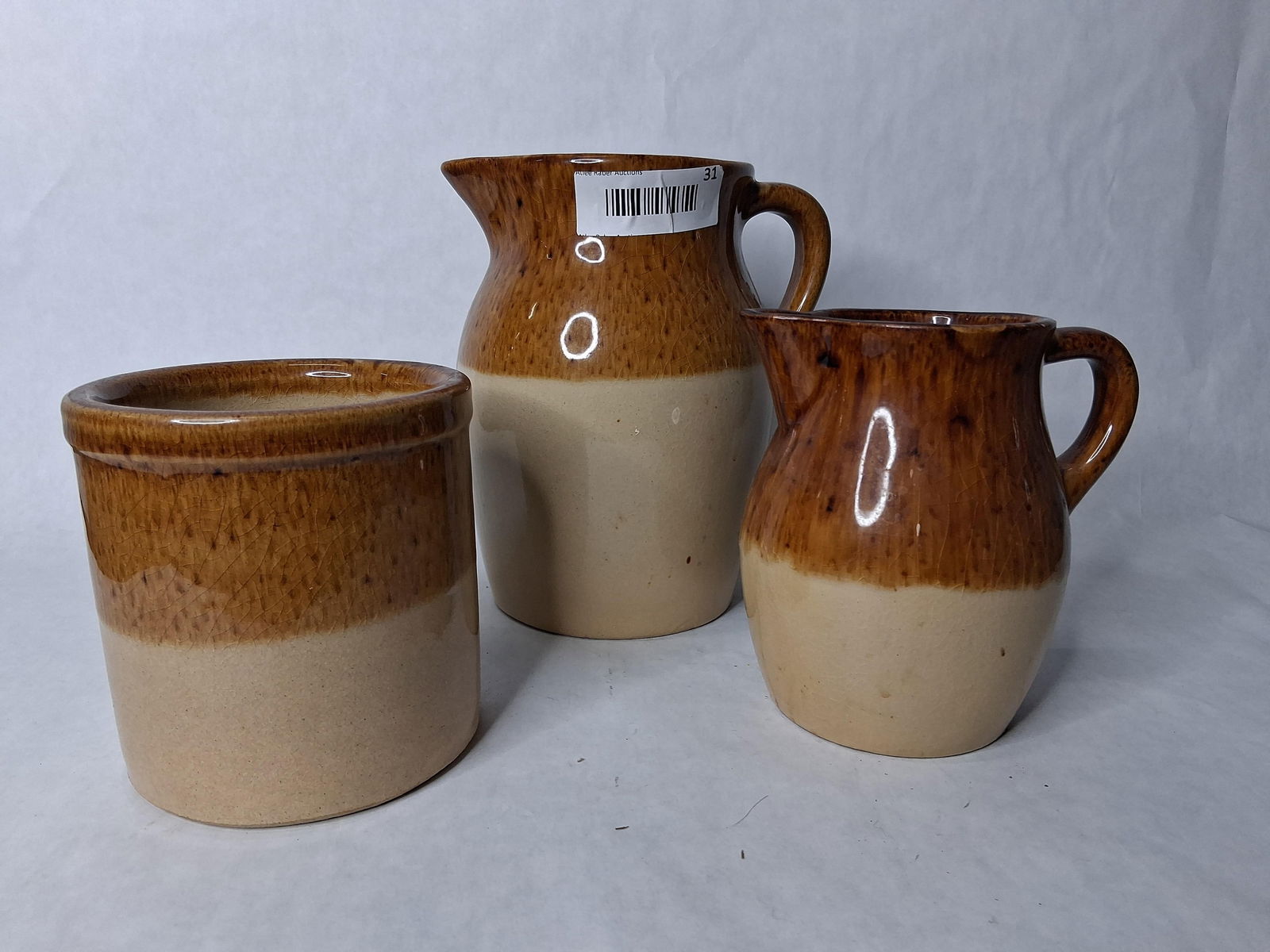 R.R.P co Roseville Oh. 2 tone salt glazed stone ware pitchers and small crock (1 of 12)