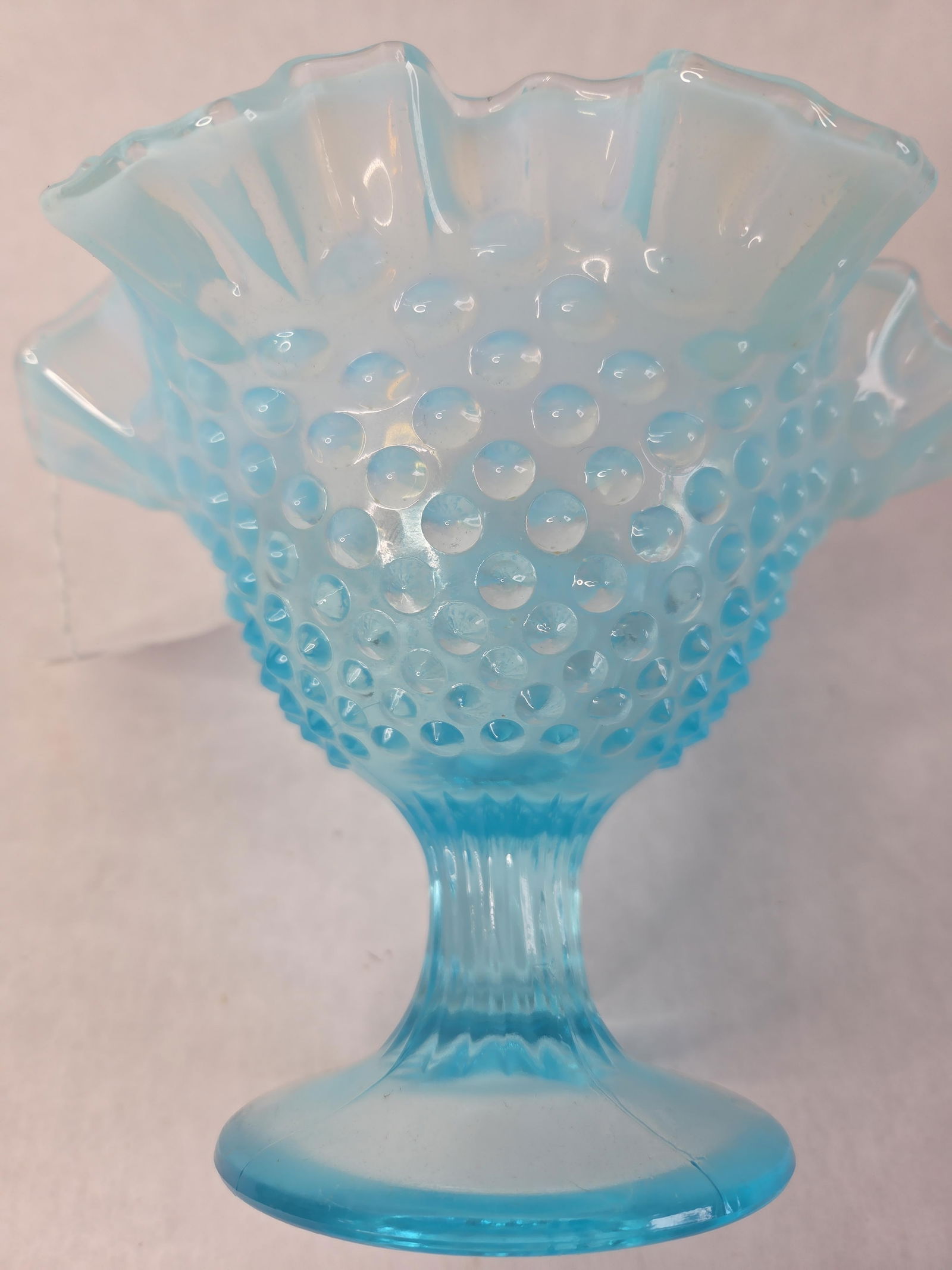 Fenton Blue Opalescent hobnail Glass Candy Dish: Hobnail Compote with Ruffled Edge. Excellent condition, 5.5 in