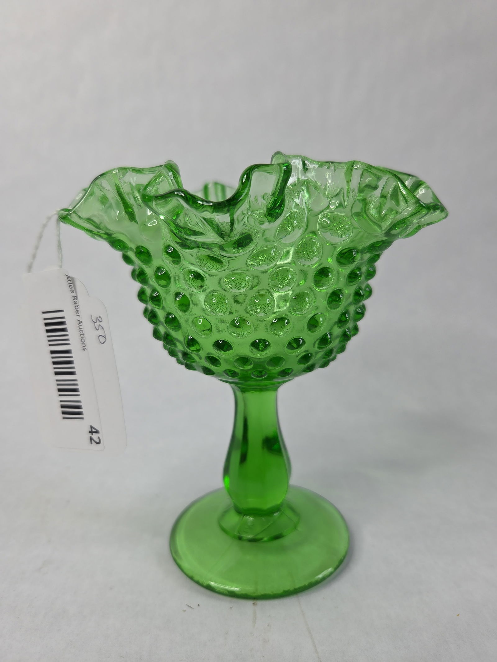 Fenton Green Hobnail Candy Dish: Hobnail Compote with Ruffled Edge. Excellent condition, 6 in