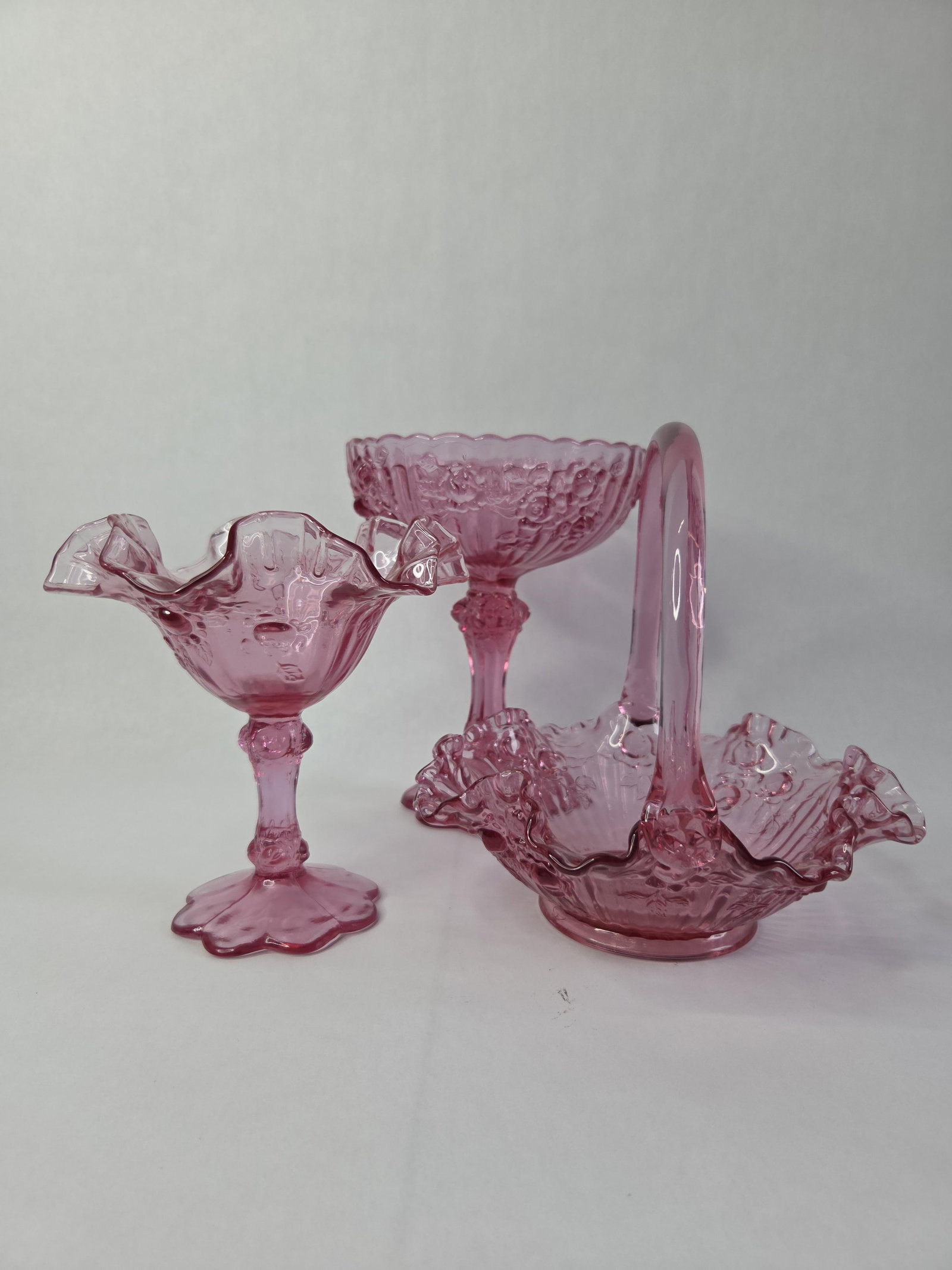 3 Fenton pink cabbage rose glass basket & compotes: 1960th cabbage rose design basket and smaller compote have ruffled edges no chips or cracks found