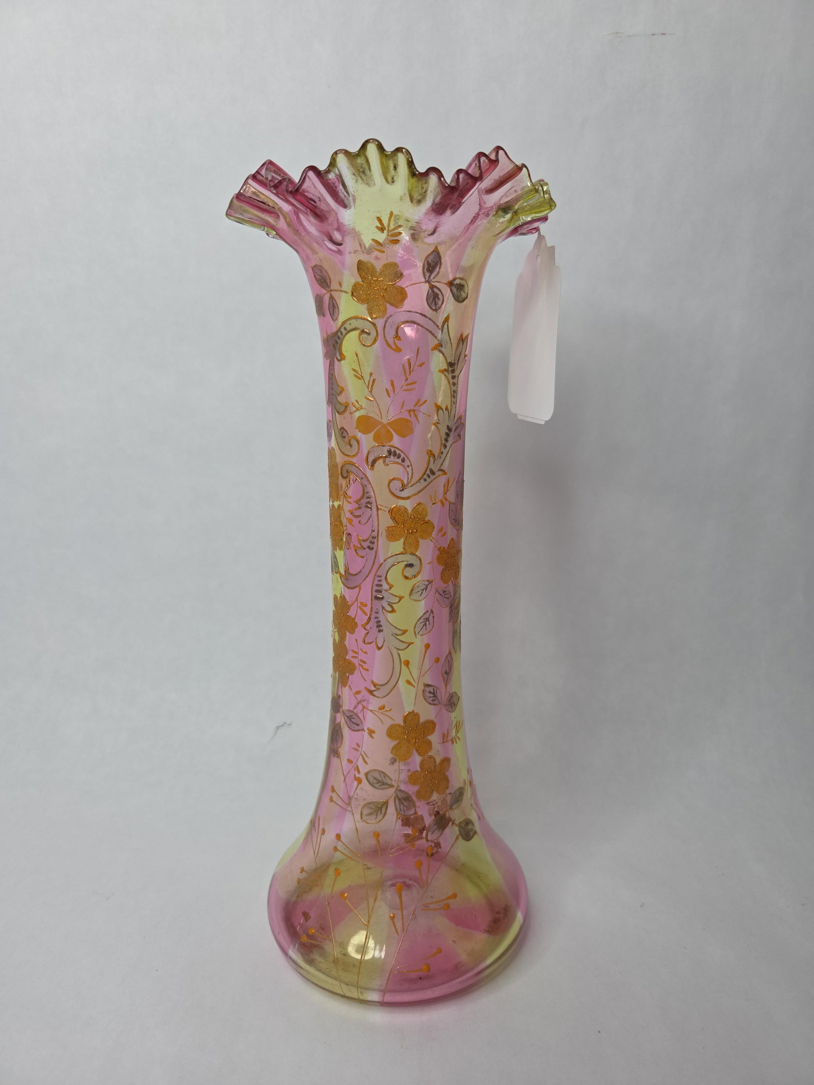 Hand blown floral painted art nouveau glass vase: Fancy 2 toned floral ruffled edge vase 12 in tall no chips or cracks