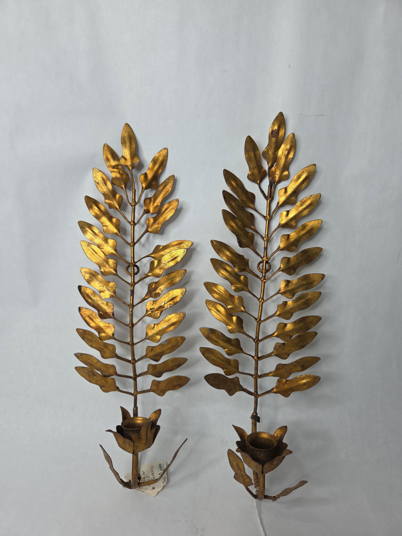 Pair of golden gilt floral wall sconces: Metal tagged made in Italy 16 in long