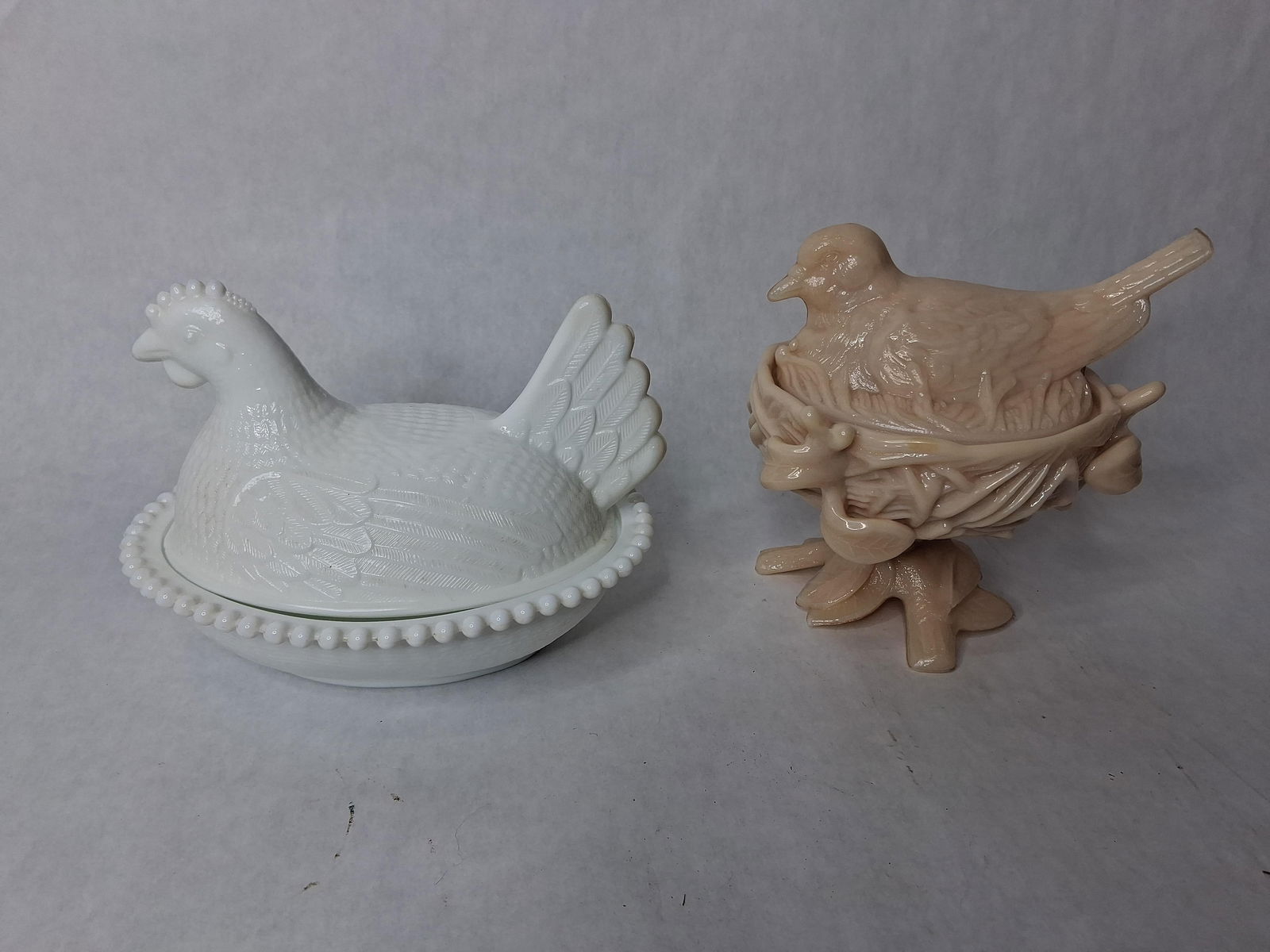 Westmoreland almond bird on twig nest and white milk glass hen on a neat (1 of 12)
