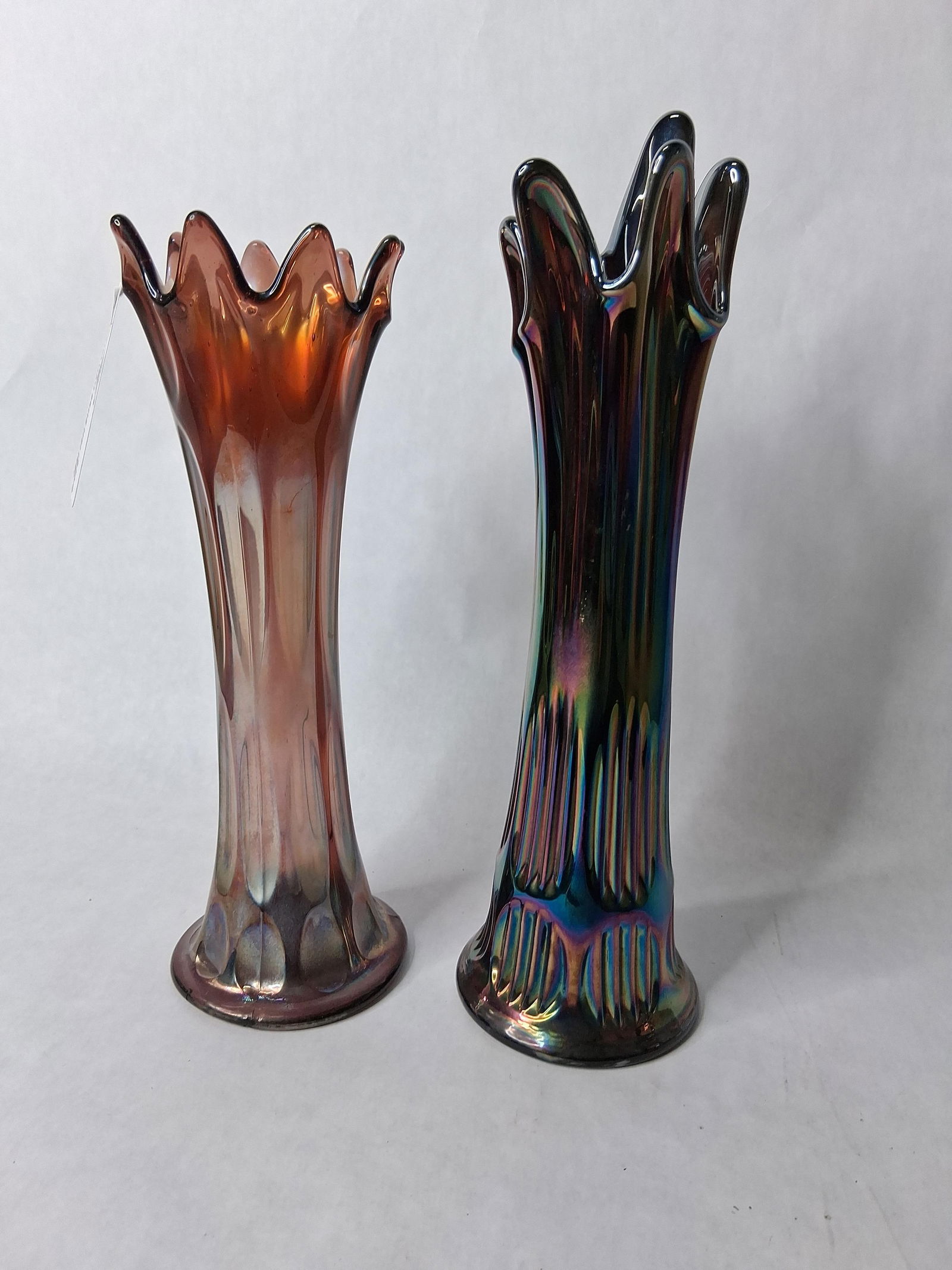 2 Fenton iridescent ribbed carnival glass swung vases (1 of 8)