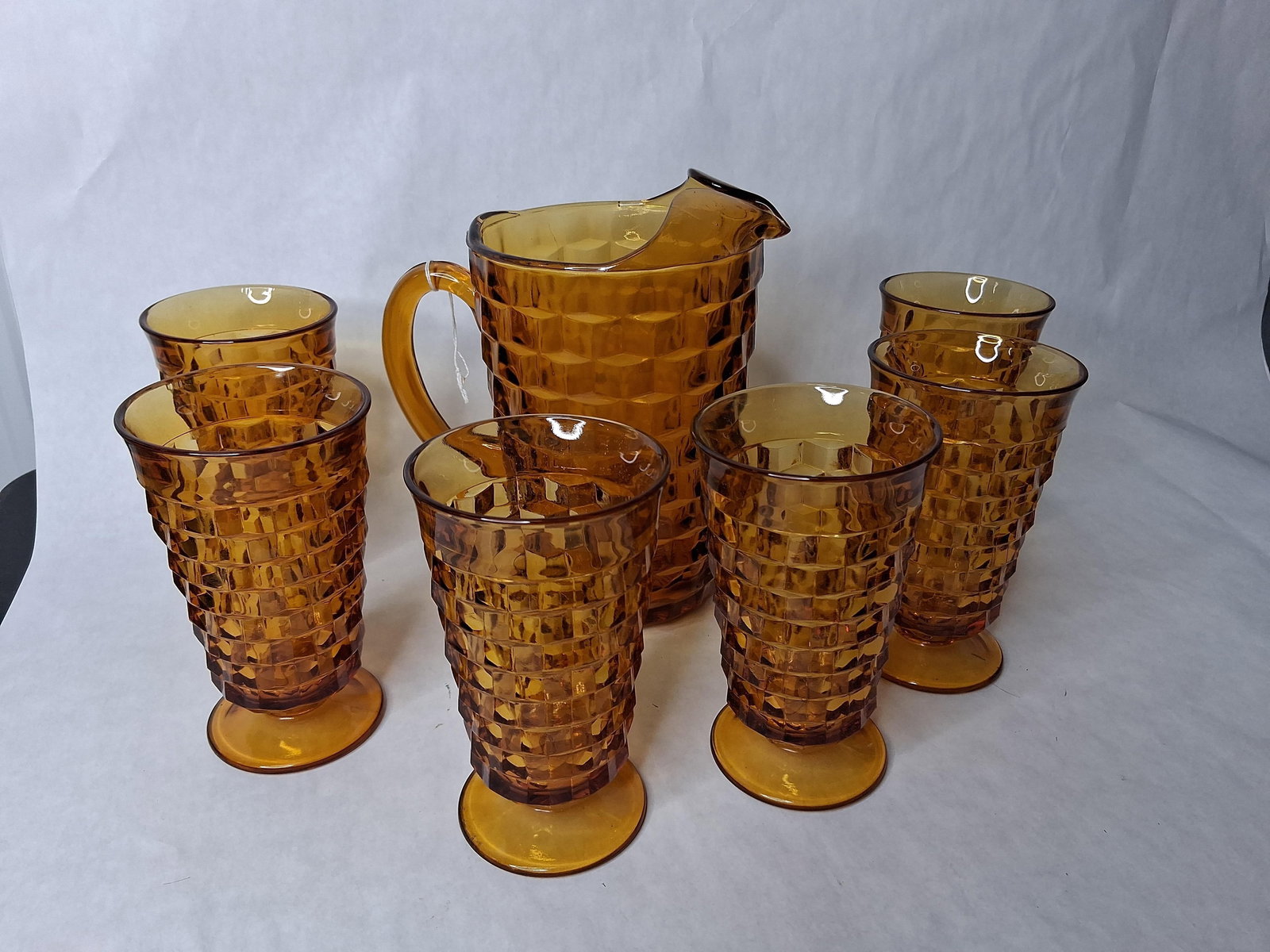 Vtg amber Indiana glass 1960s Whitehall cubist ice tea or water set (1 of 9)