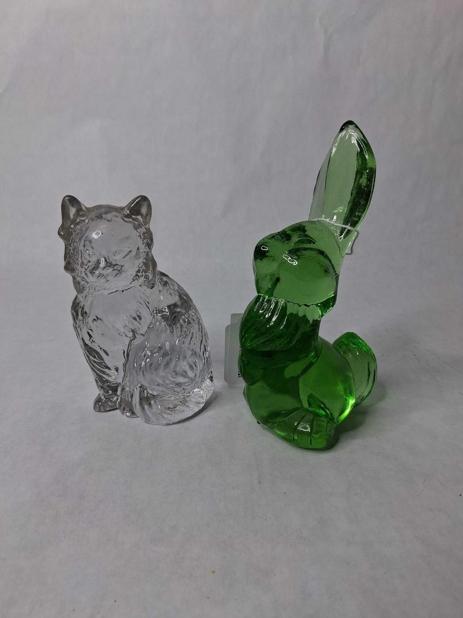 Hefty Green/Clear art glass cat and bunny paper weights: Viking glass green thumper bunny and hand made crystal clear cat both are free of chips or cracks cat is 5 in tall