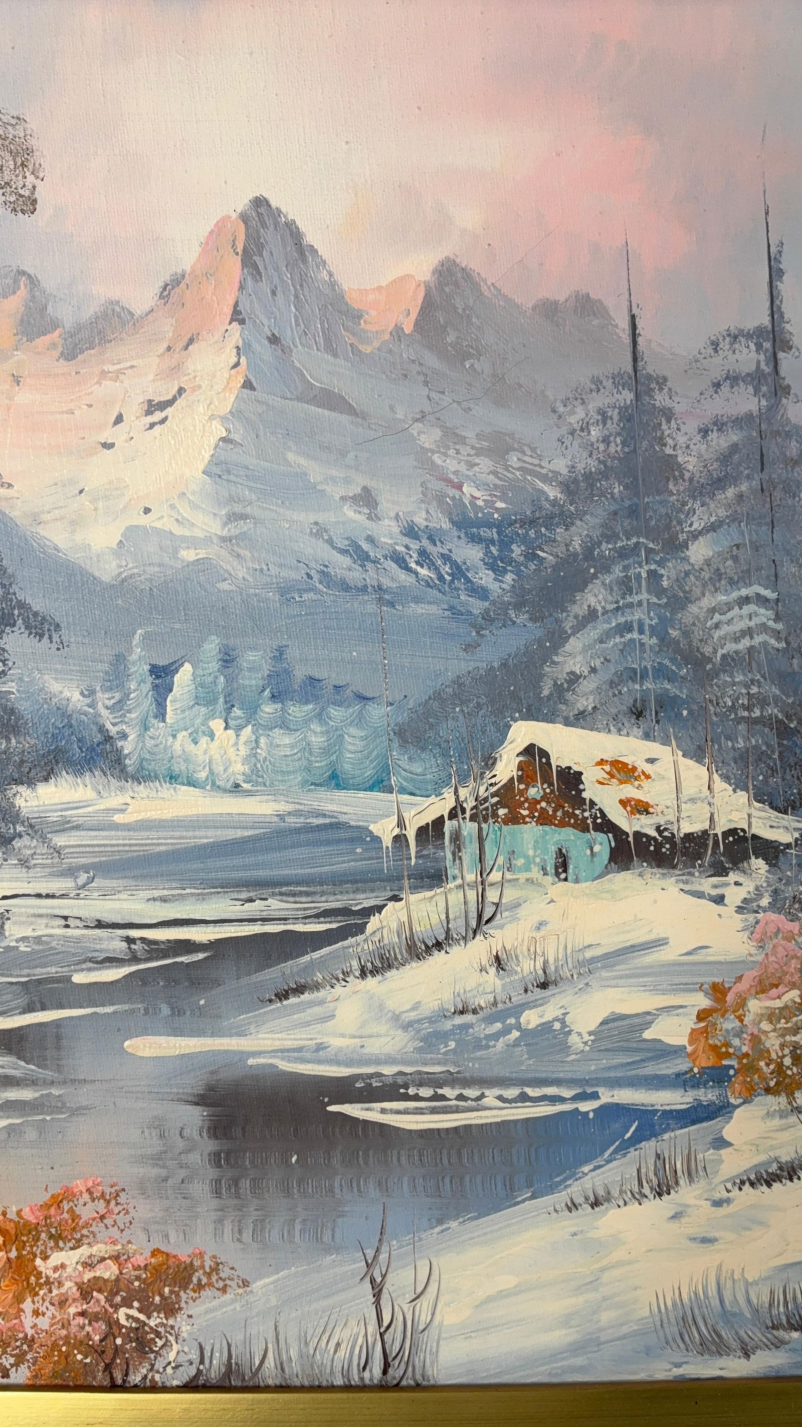 Signed oil on canvas framed wintery mountain cottage scene: Beautiful golden woodland metal frame signed Davis 21x26
