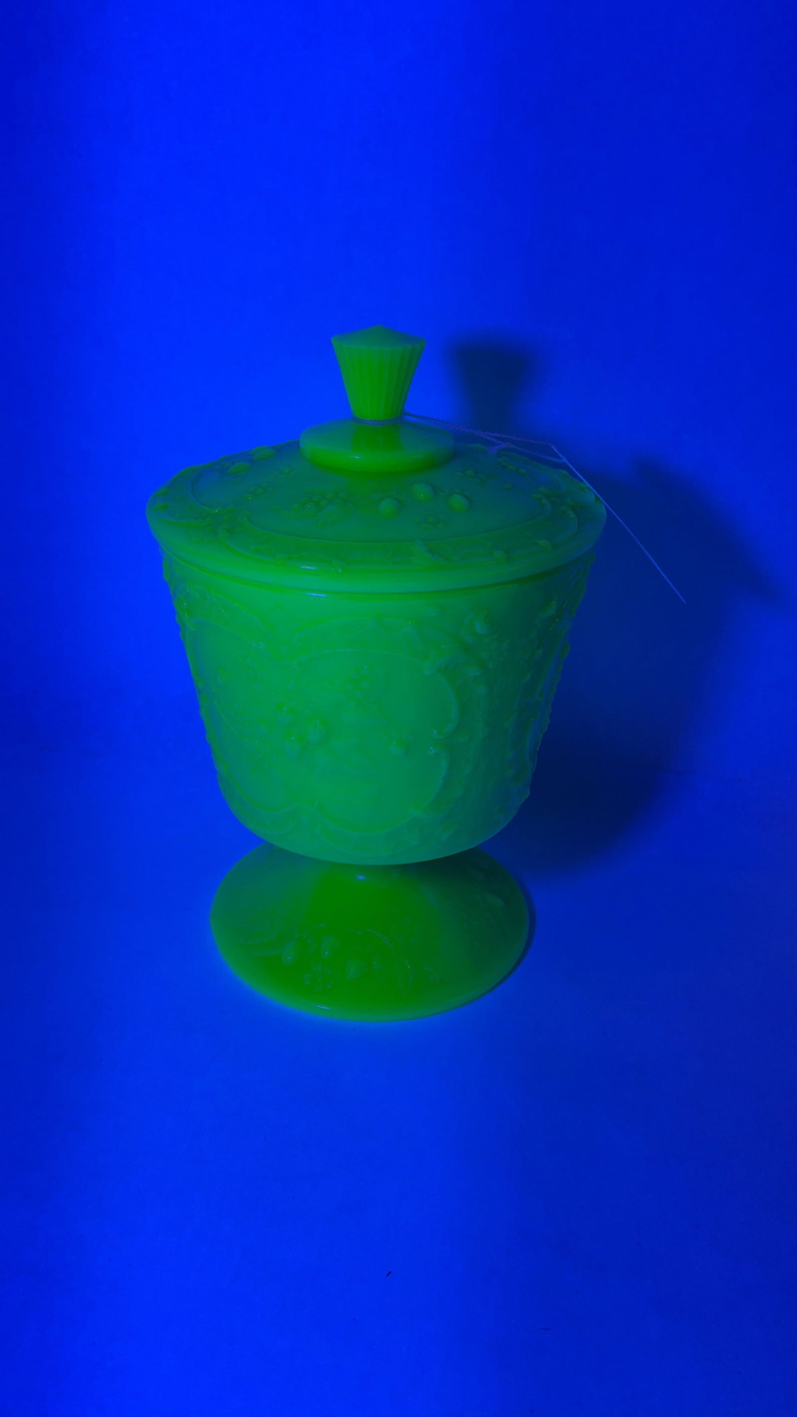 Awesome Fenton wild strawberry green satin custard Uranium compote with lid: 9in tall glow beautifully under UV light no chips or cracks