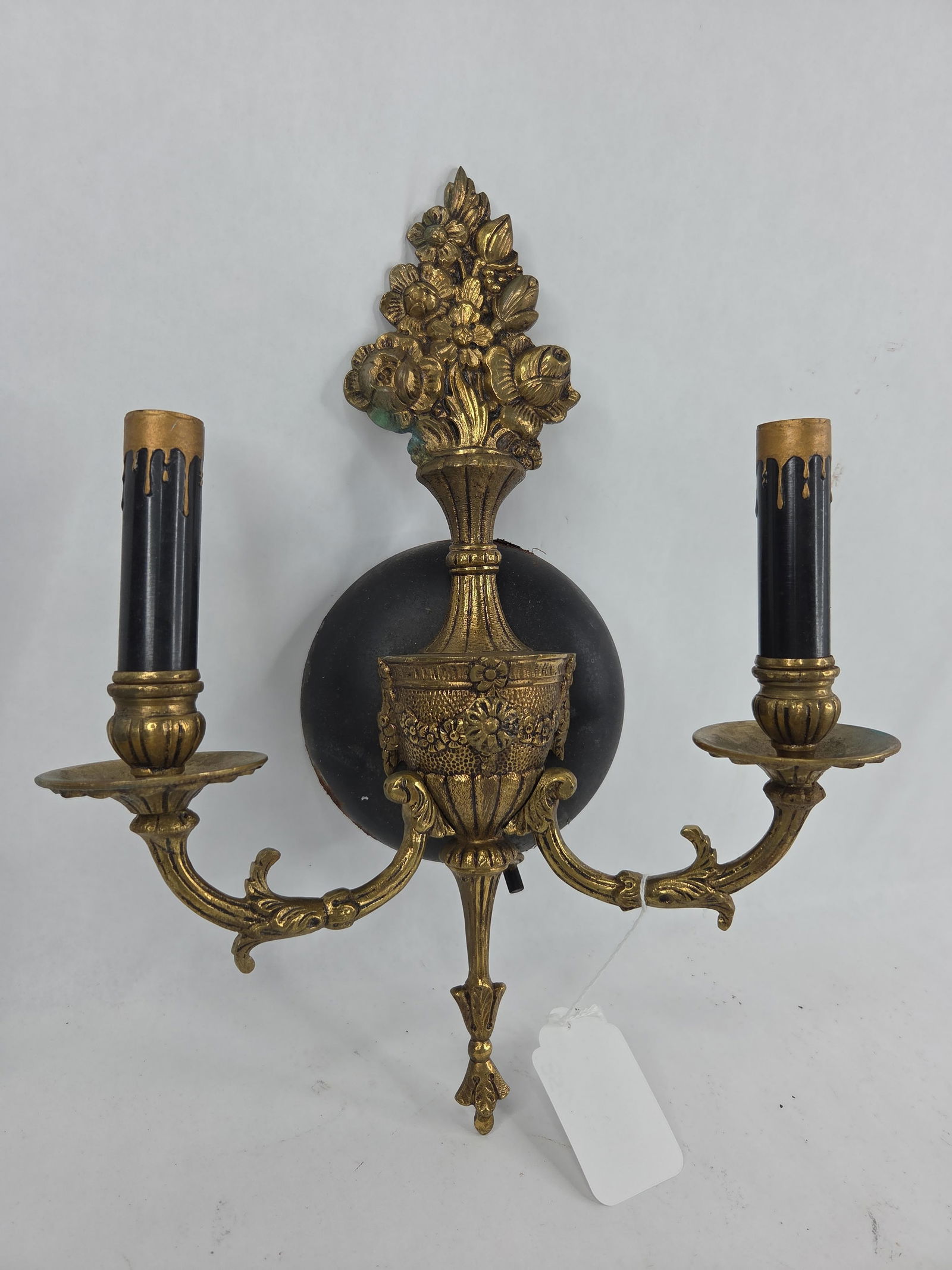 French Empire style 2 light floral brass wall scone: 14 in long
