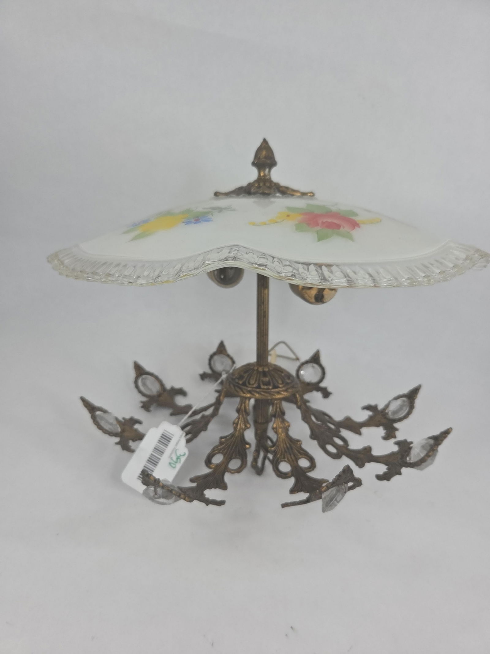 Art Deco brass chandelier with floral painted shade: Union made 14 in diameter and 14in long