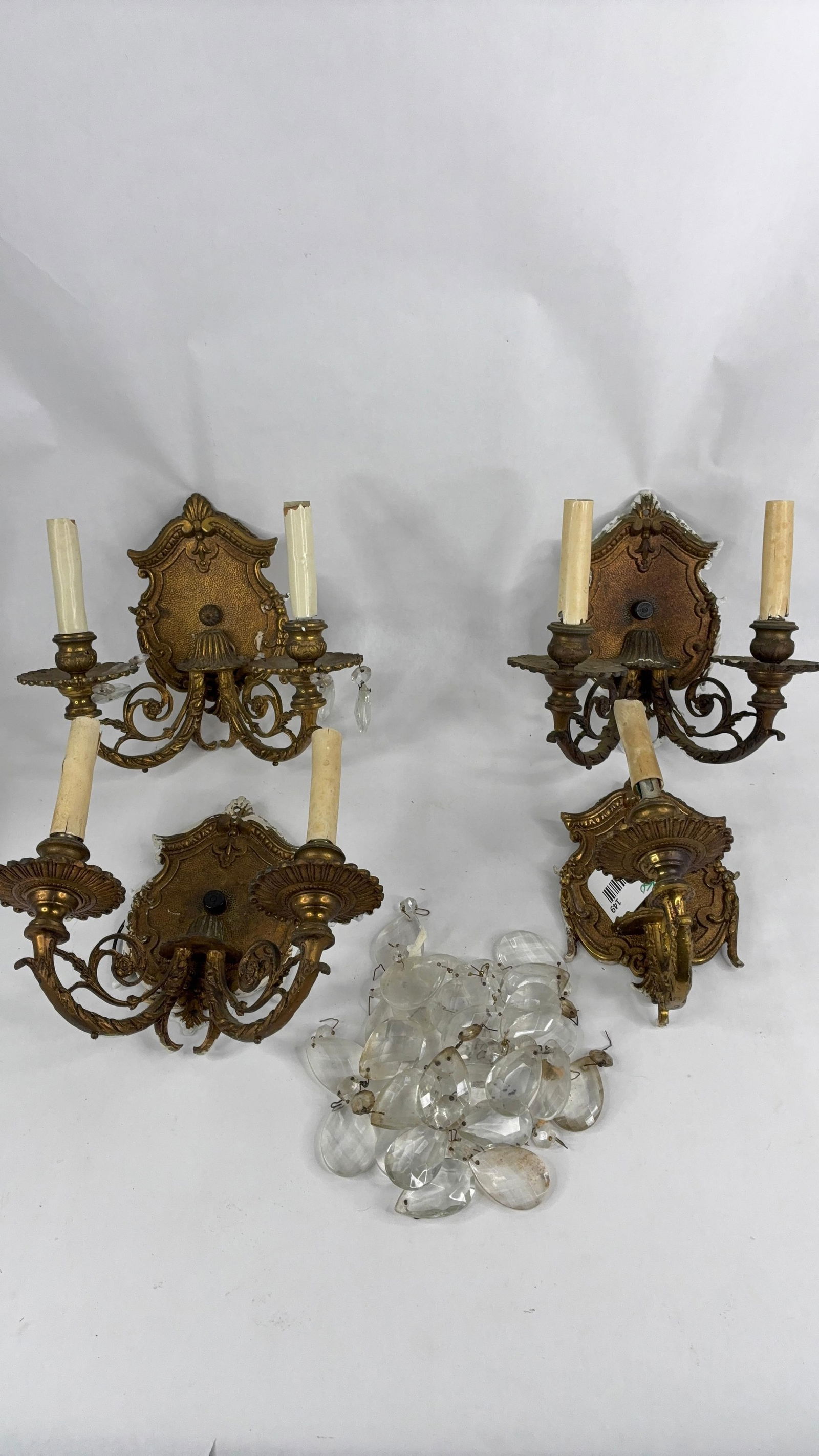 Late 19th Century brass tear drop crystal wall sconces (1 of 6)