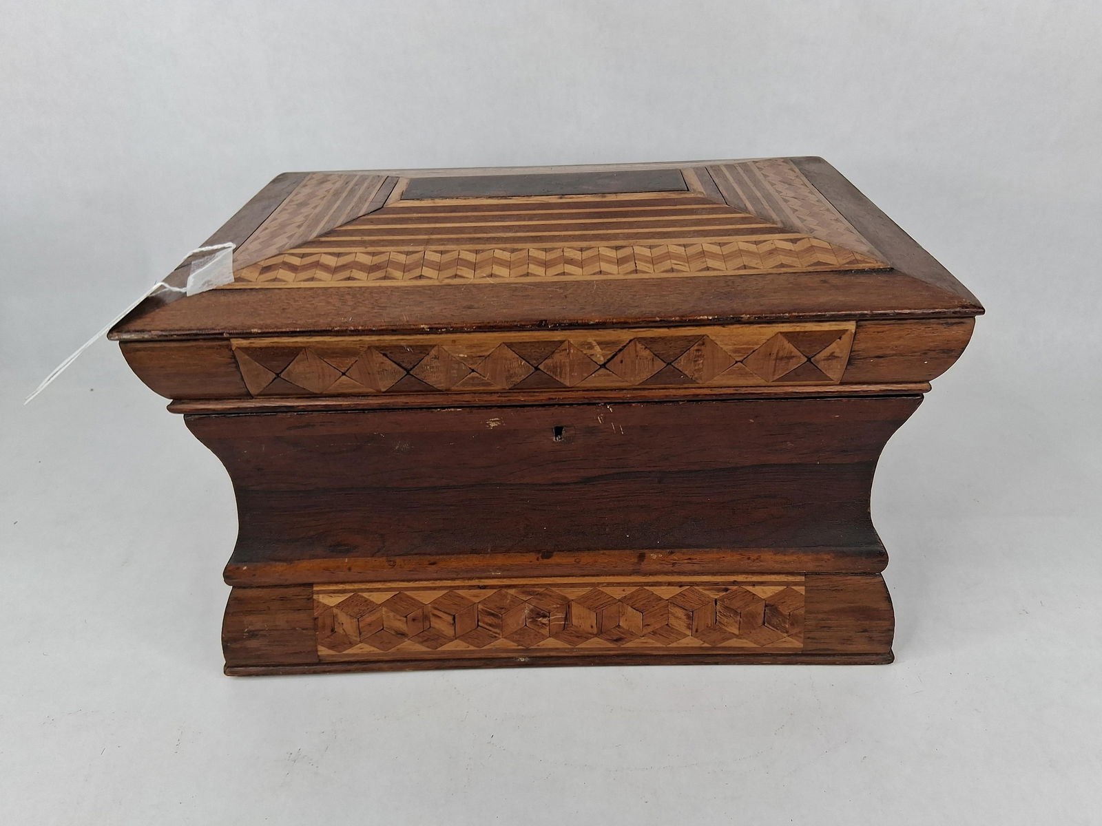 Outstanding Antique Marquetry inlaid wooden coffin jewelry/trinket chest (1 of 11)