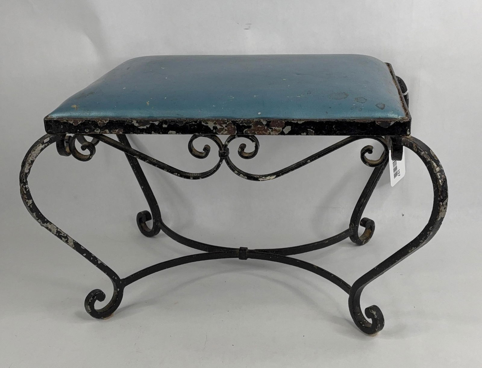 Mid Century Wrought iron blue patent leather foot stool: show paint chipping 13x16x11