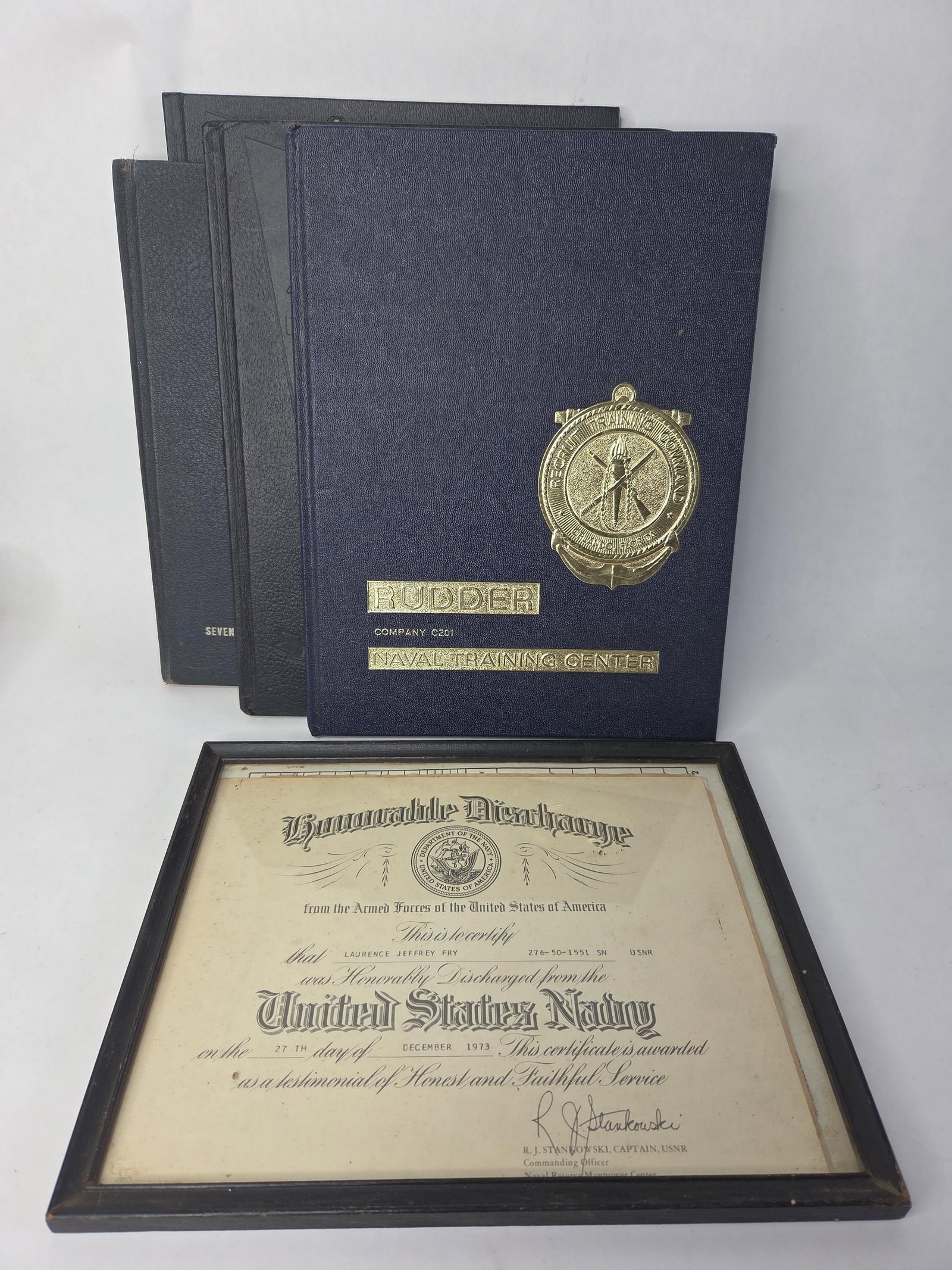4 USN training books and Honorable Discharge certificate: 2 Keel 1968 company 13 books, Rudder company C201 training center book,78th US navel construction battalion book and Laurence Jeffrey Fry Honorable navy discharge certificate
