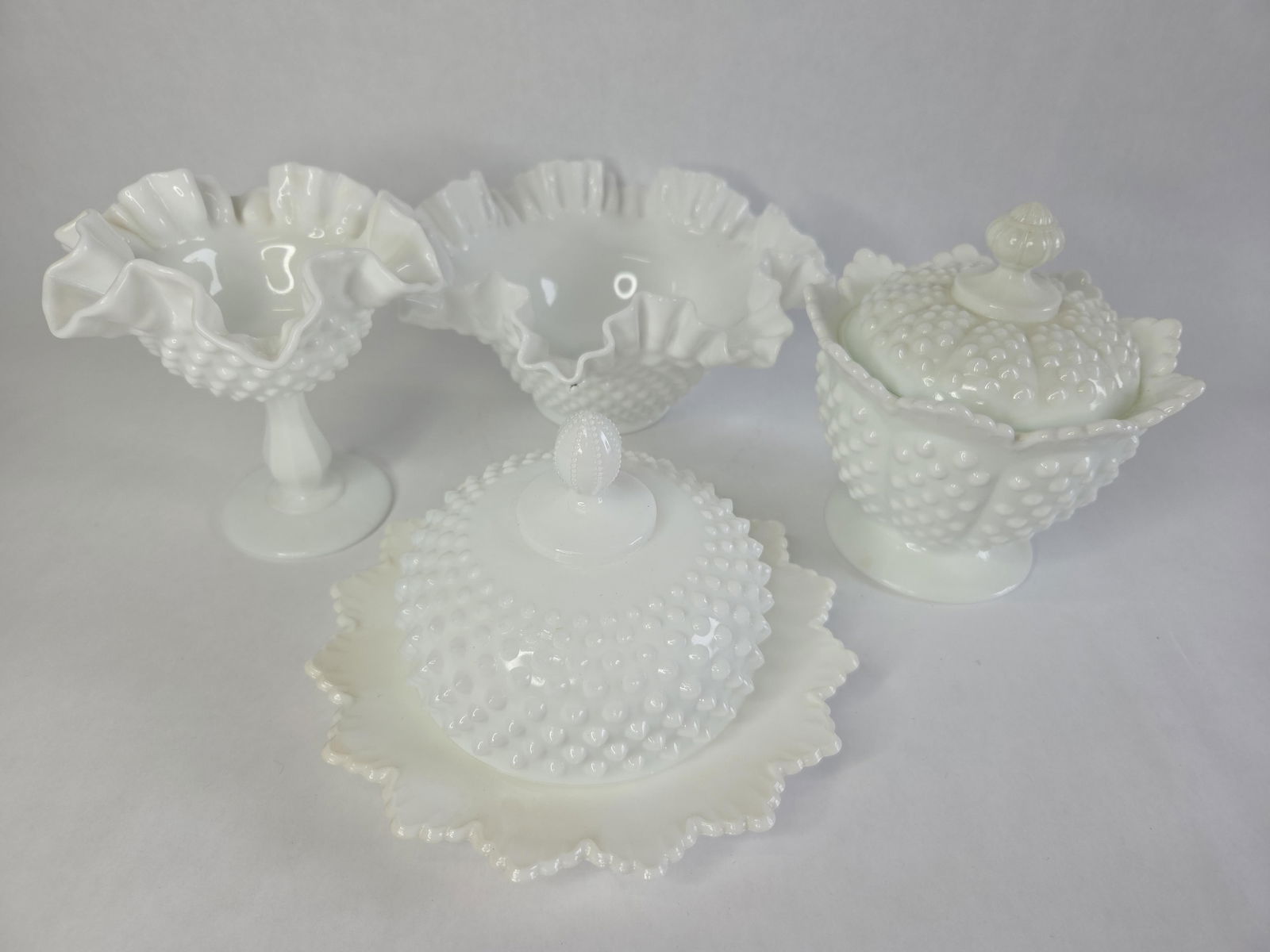 4pc Fenton hobnail milk glass candy dishes and compotes (1 of 17)