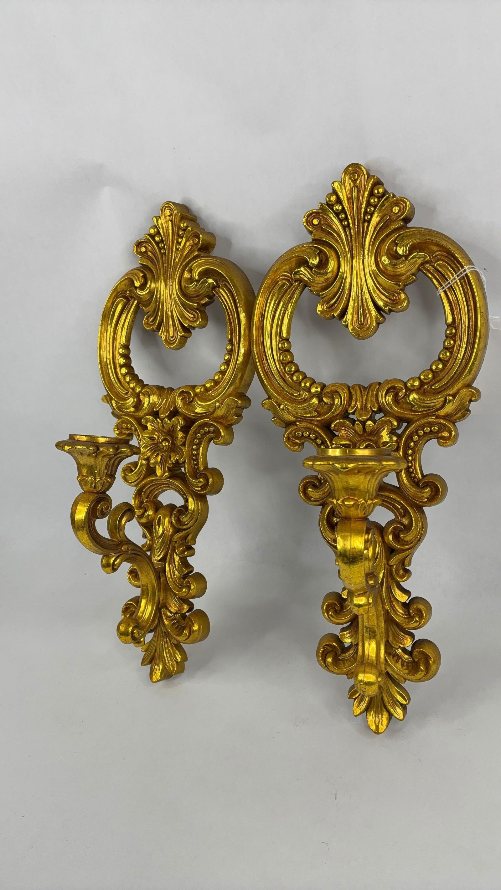 Mid Century Modern Gold Hollywood Regency Ornate wall candle sconces set: set of 2 16 in long