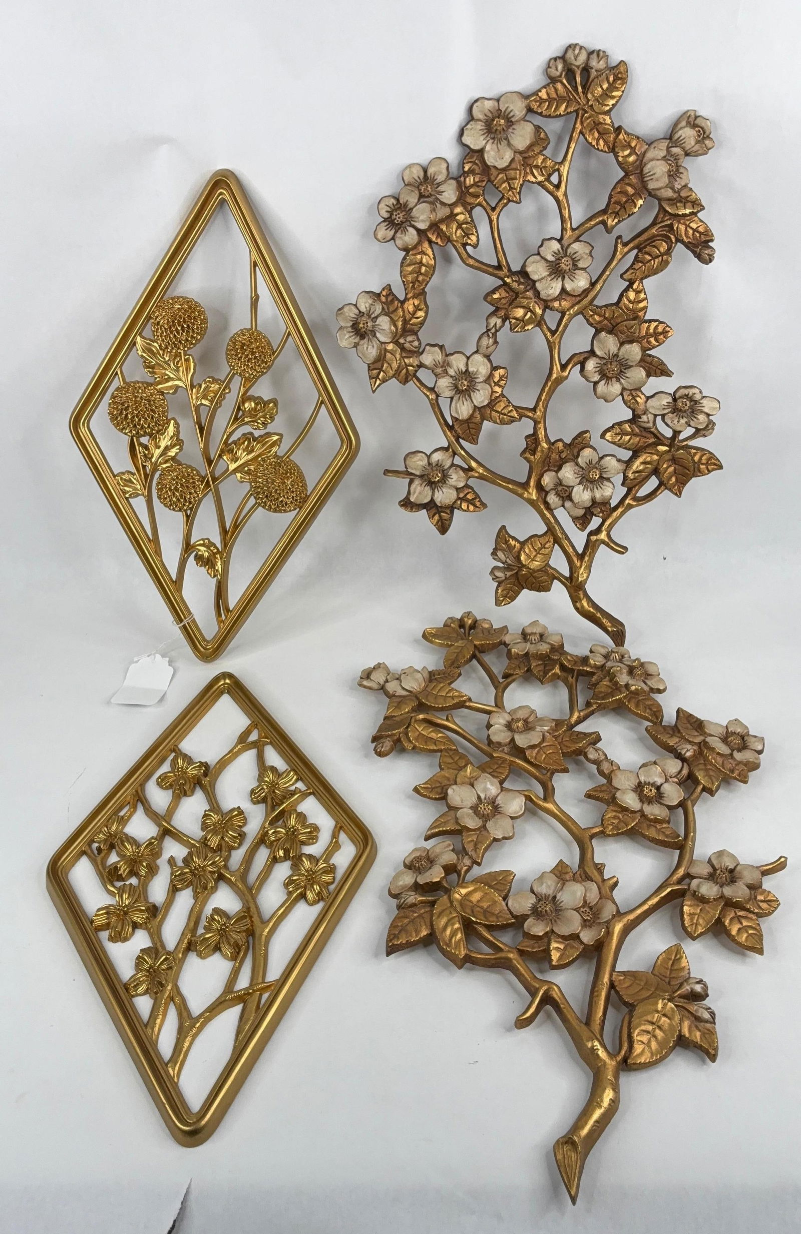 2 set Mid Century floral wall art decor: includes bur wood flowering dog wood branches and syroco rose, carnation resin plaques 16in long and 20 in long