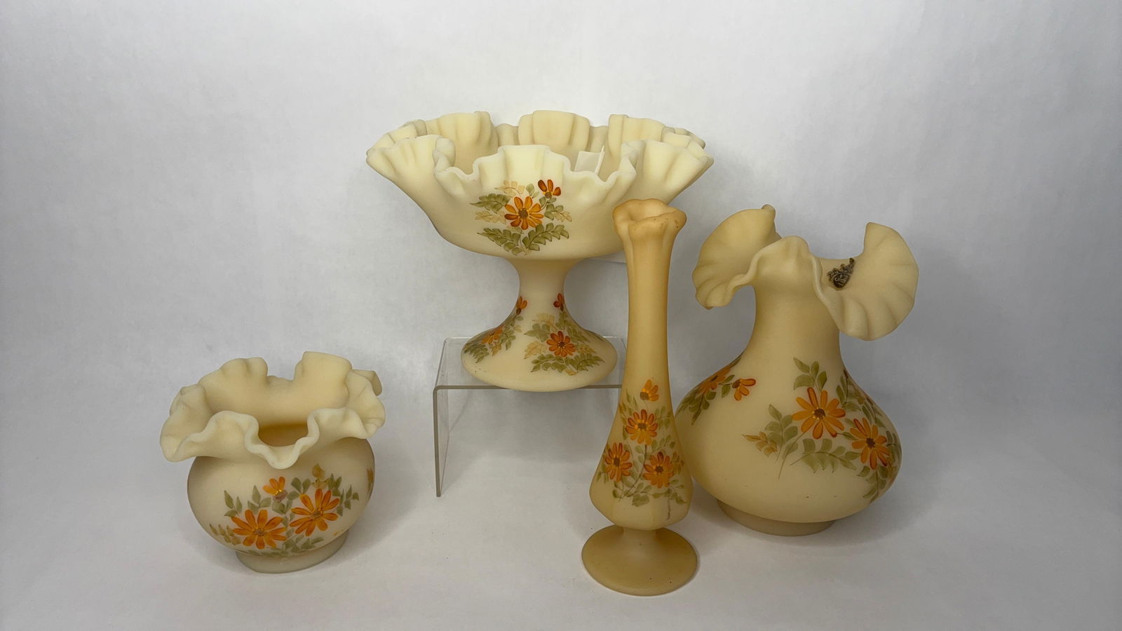 4 pcs Fenton hand painted and signed Daisy custard satin glass collection (1 of 16)