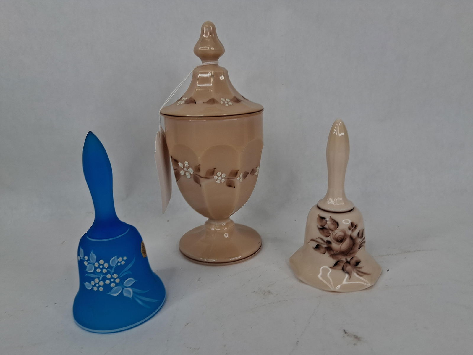 Westmoreland painted bells and covered candy dish: 1 bell is signed candy dish is 8 in tall no chips or cracks