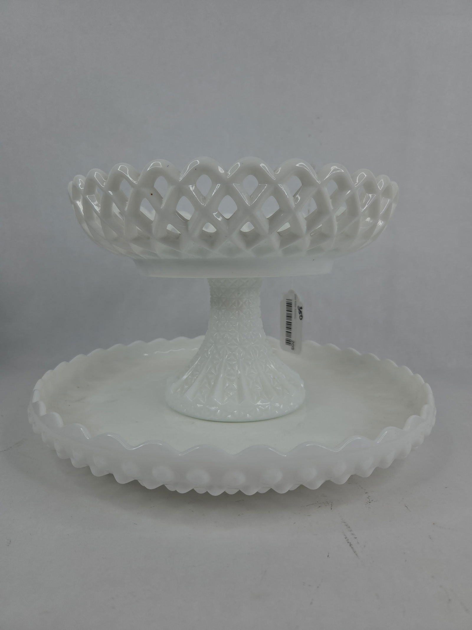 1890th Challinor Taylor milk glass ped. Fruit bowl and Fenton hobnail chip and dip plate: no chips or cracks