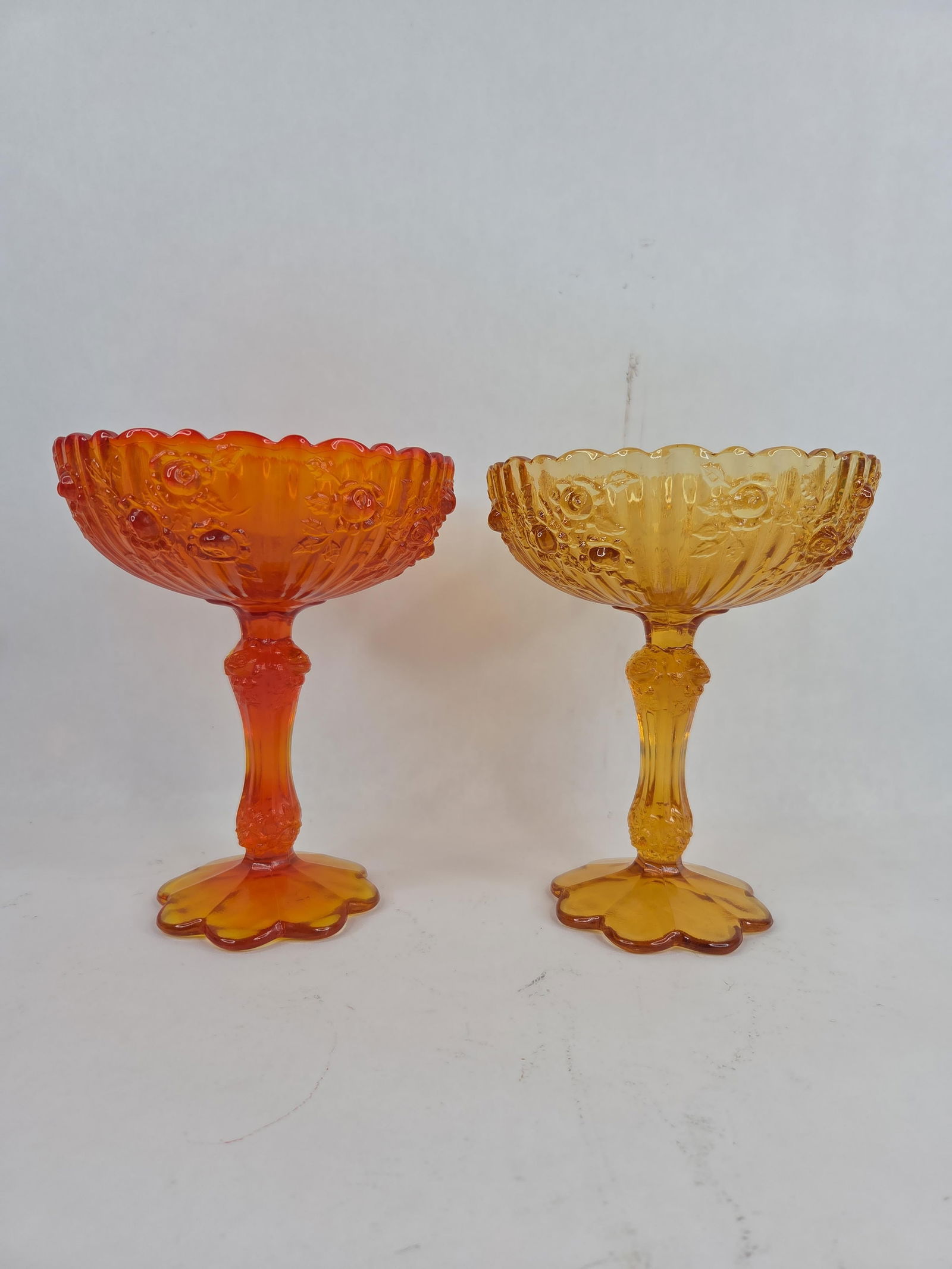 Fenton Amberina & Amber Cabbage rose compote: Amberina compote glows under UV light no chips or cracks