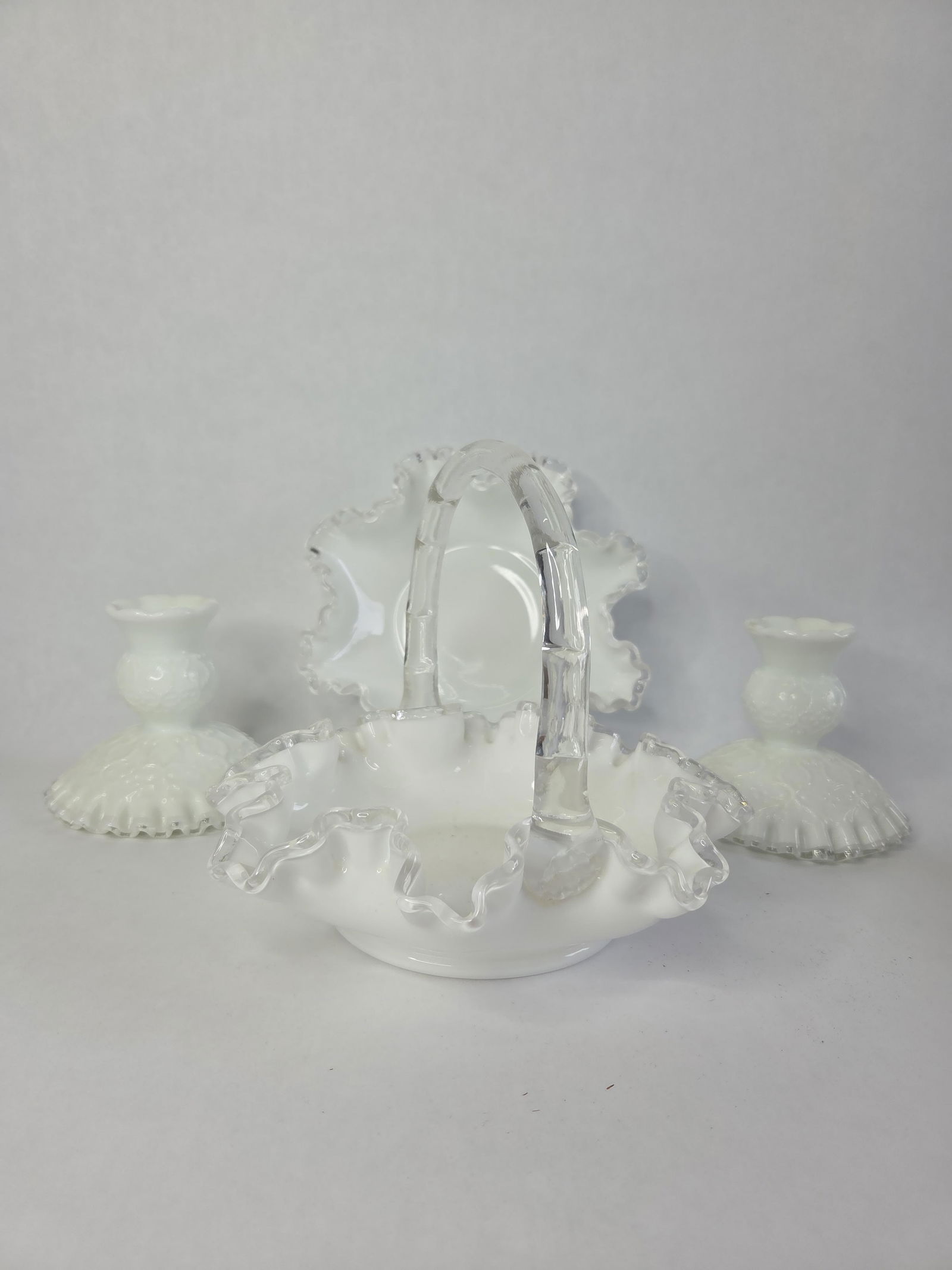 Fenton silver crest milk glass handled basket ,candy dish and candle holders (1 of 10)