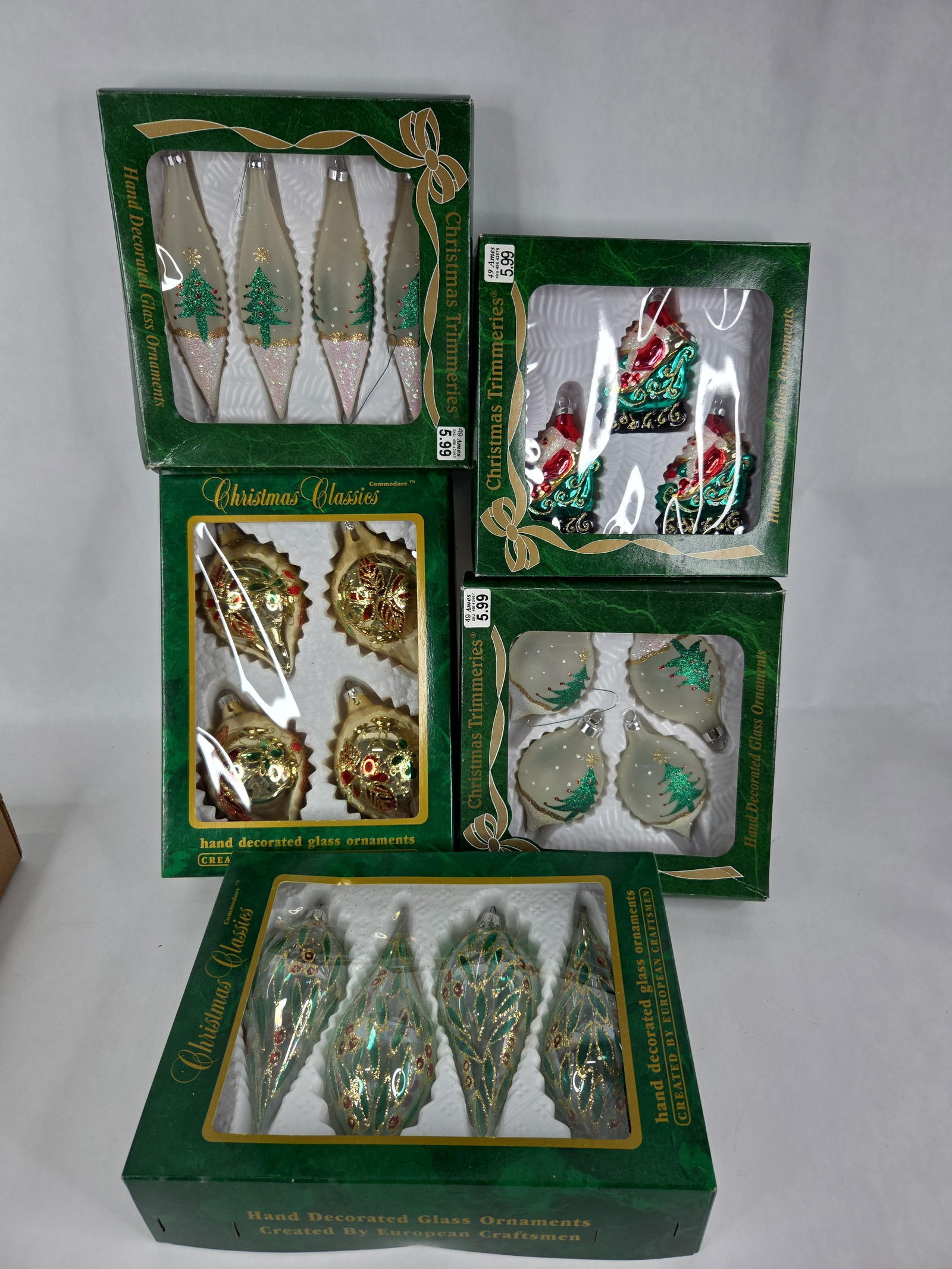 24 vintage glass hand decorated glass Christmas tree ornaments: in original boxes see photos