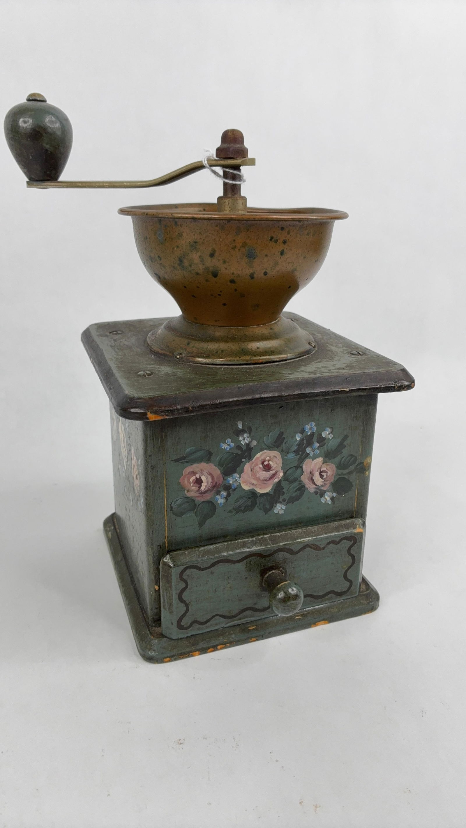 Floral green painted wooden coffee grinder (1 of 7)