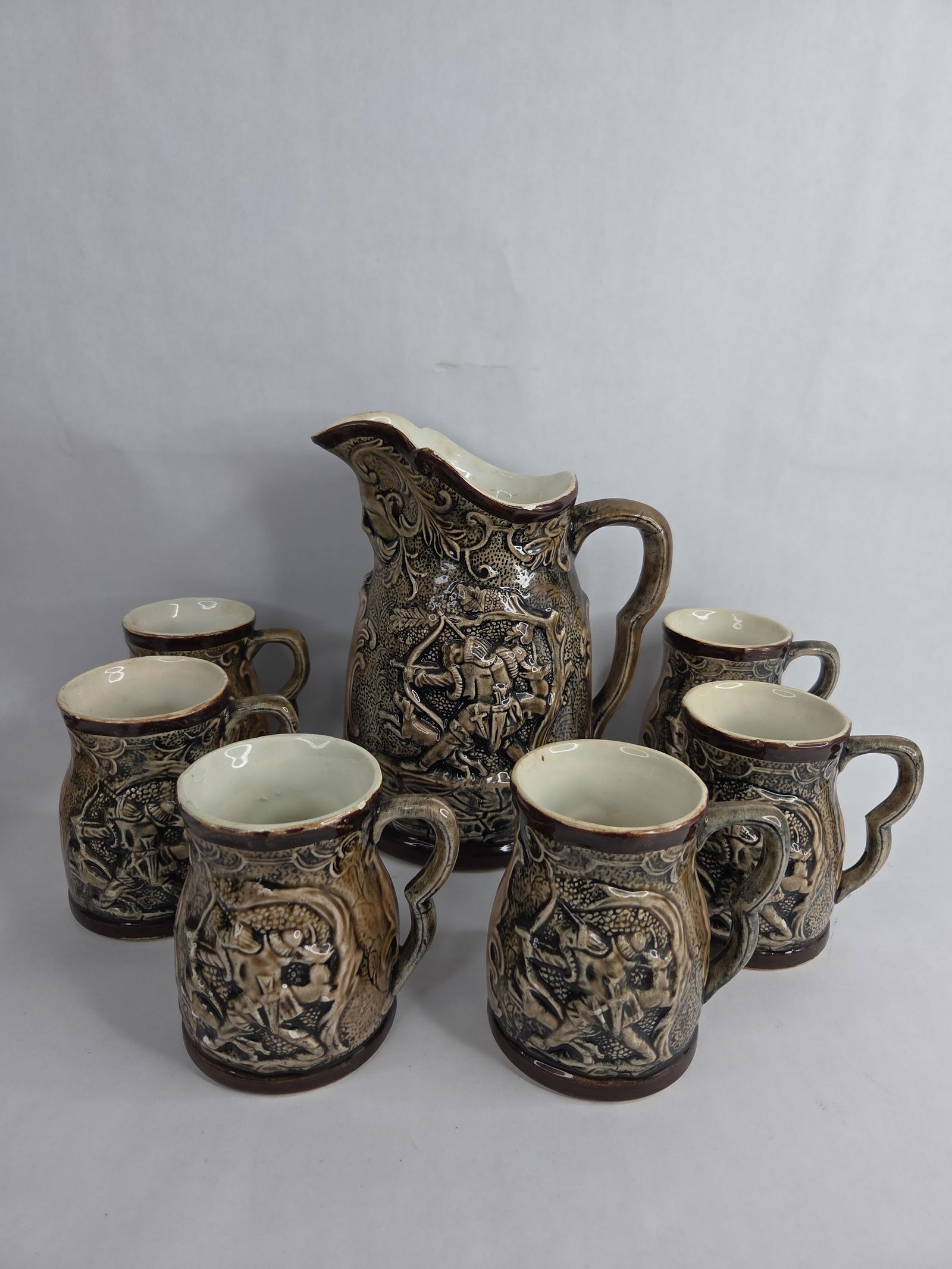 Antique Archer Stoneware pitcher and mug set: a few flea sized chips but overall in good condition for age made in Spain