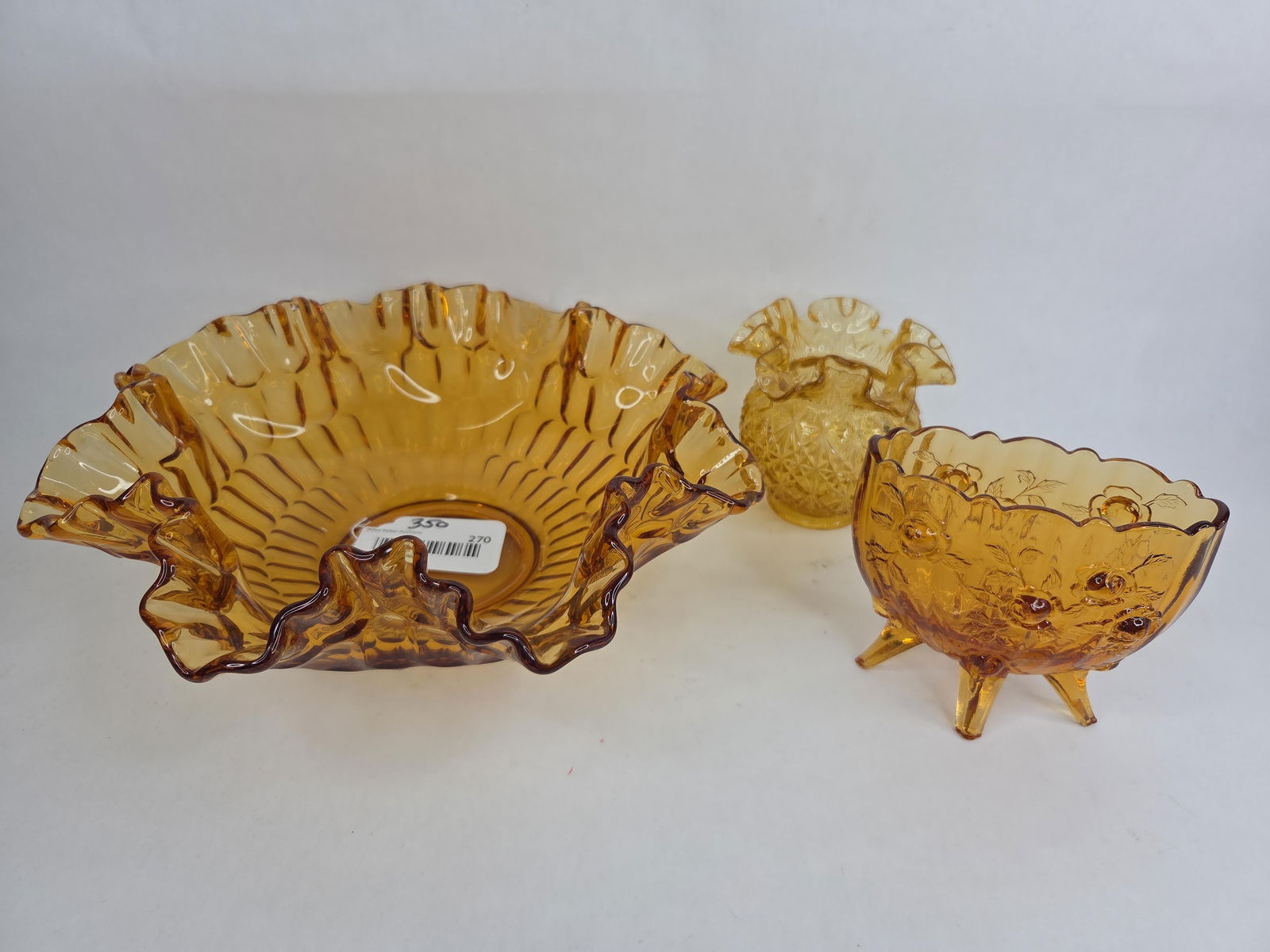 Fenton Amber thumb print ruffled bowl, cabbage rose 4in footed dish and Topaz diamond dish (1 of 10)