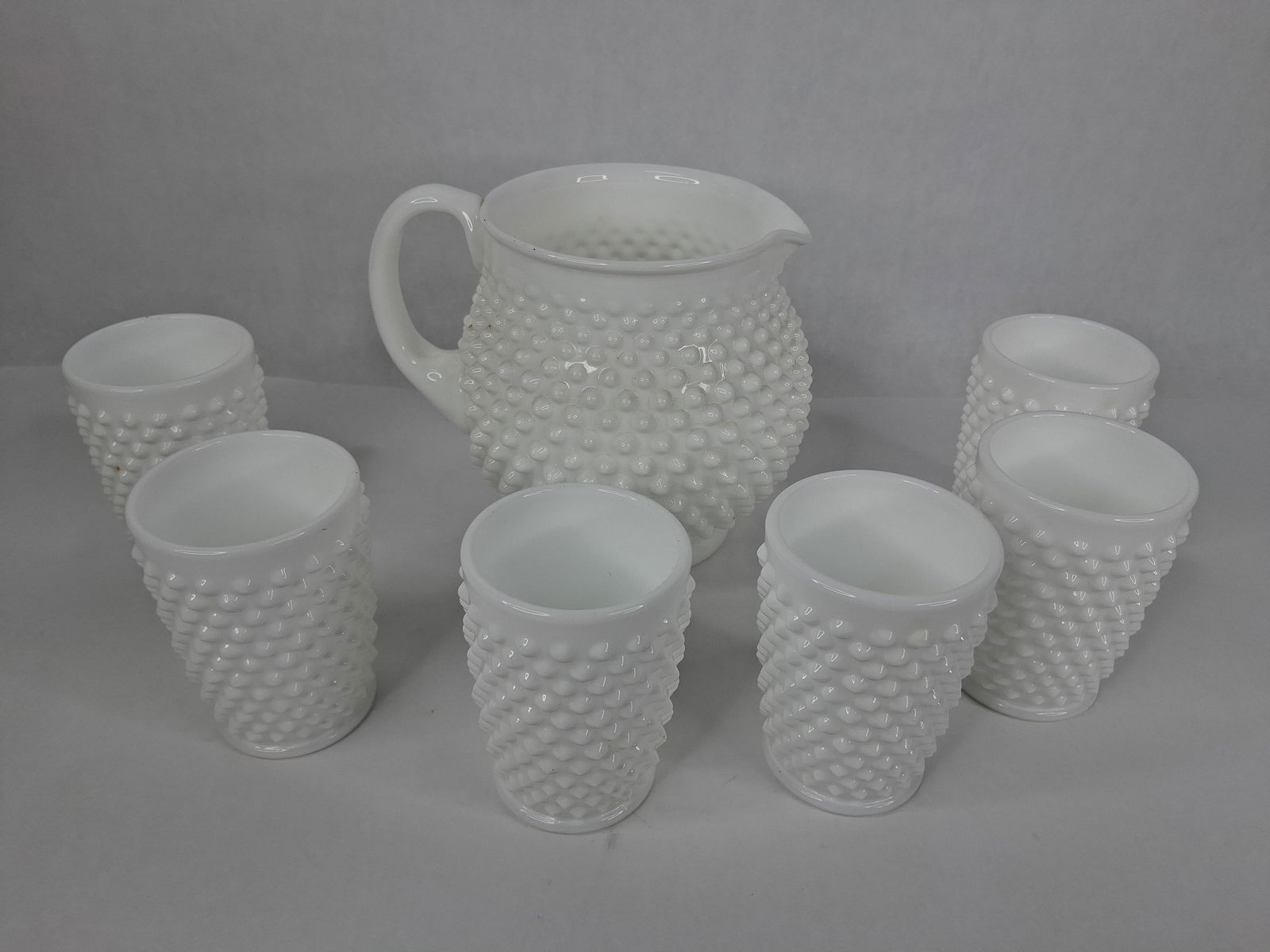 7 pc Fenton Hobnail milk glass Squat jug ball pitcher juice set: very nice set no chips or cracks
