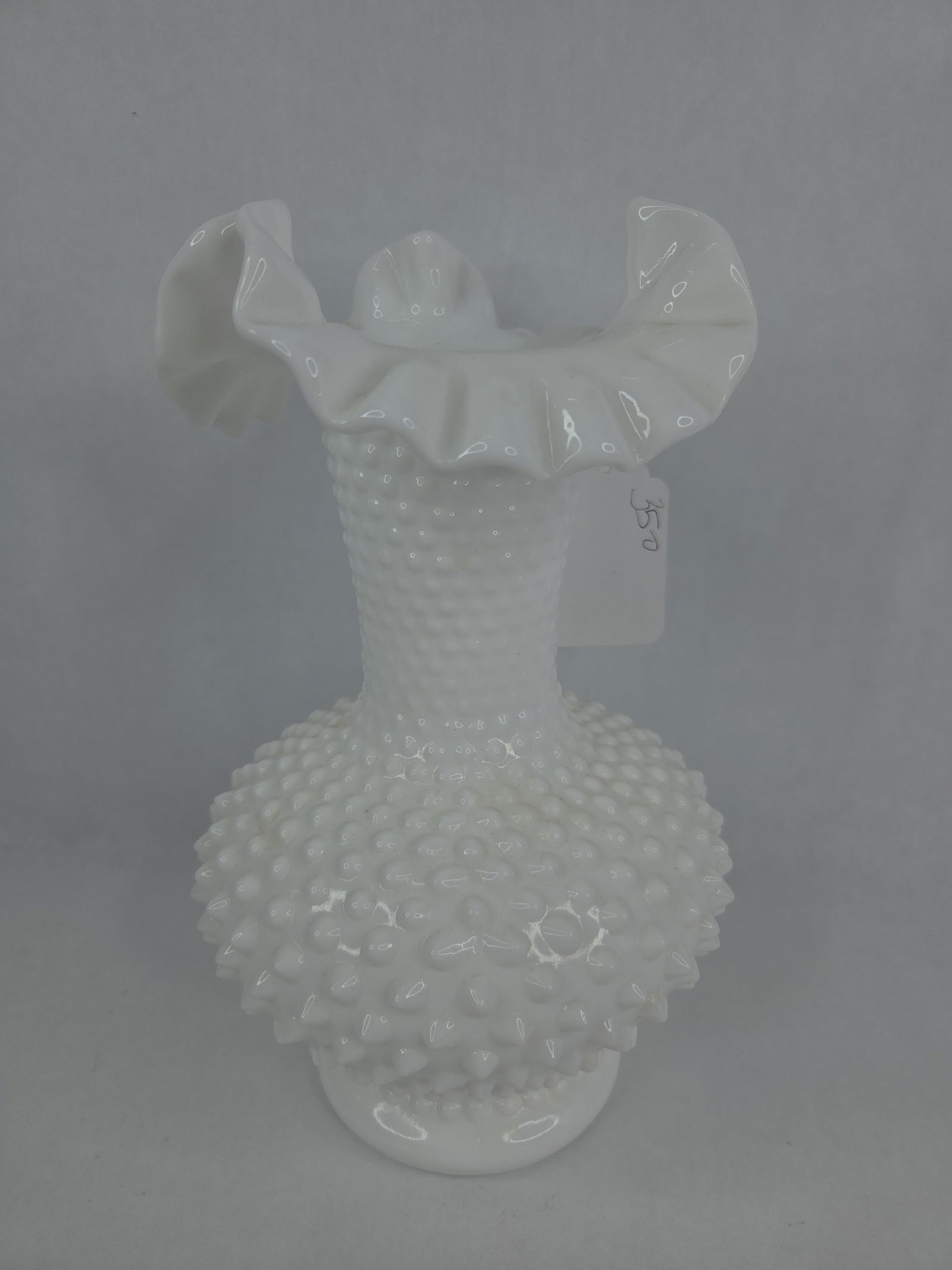 Fenton Hobnail ruffled edge milk glass vase: 10.5 inches tall