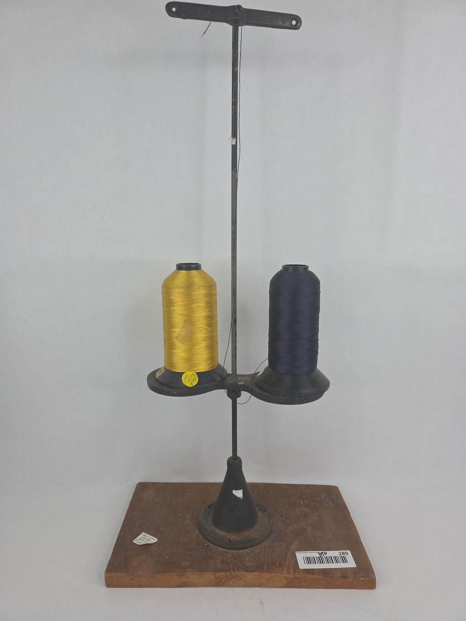 Cast iron double thread or yarn holder mounted on wood with 2 thread spools (1 of 6)